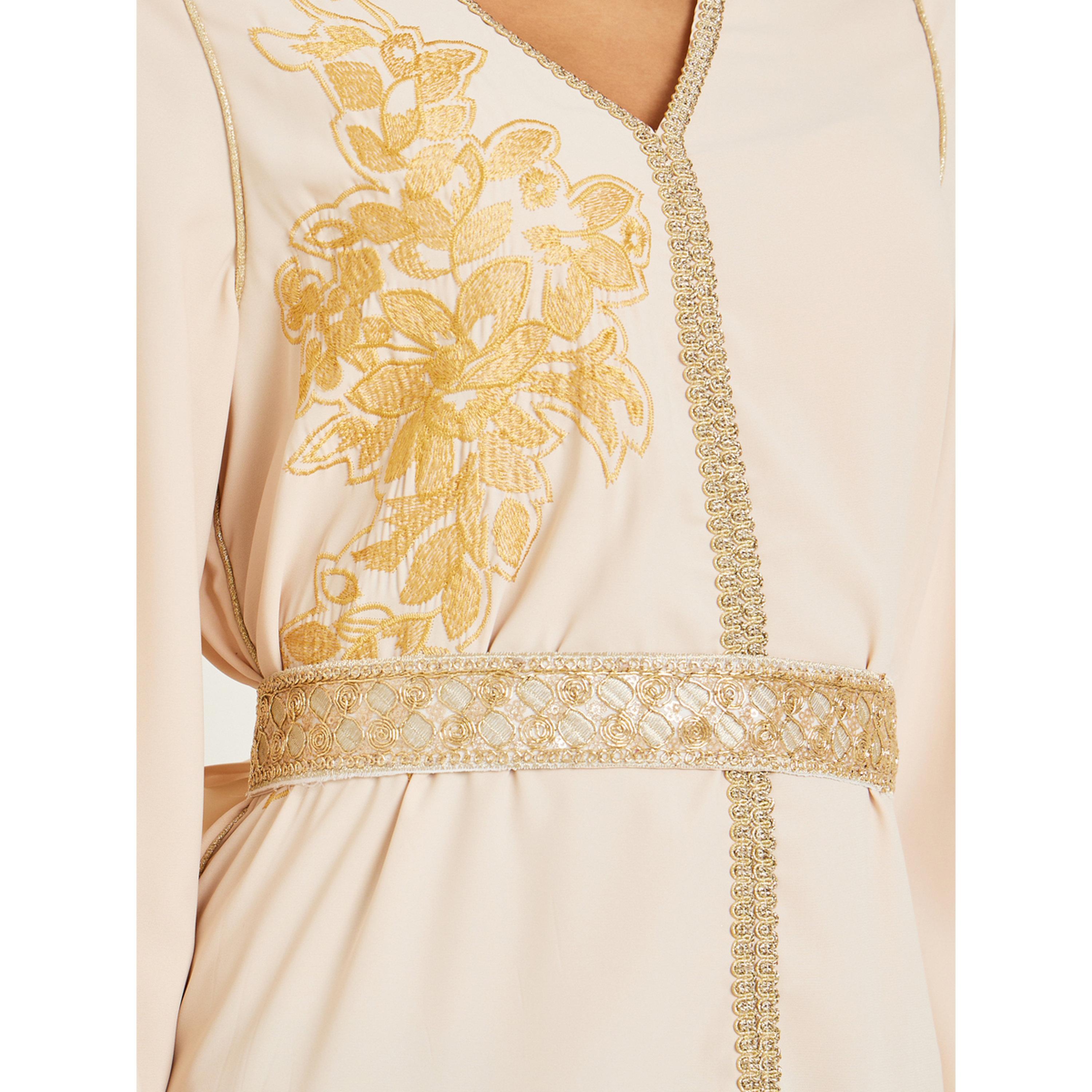 Styli Women Beige Golden Embroidered Kaftan-women-arabicclothing-kaftan-image-4