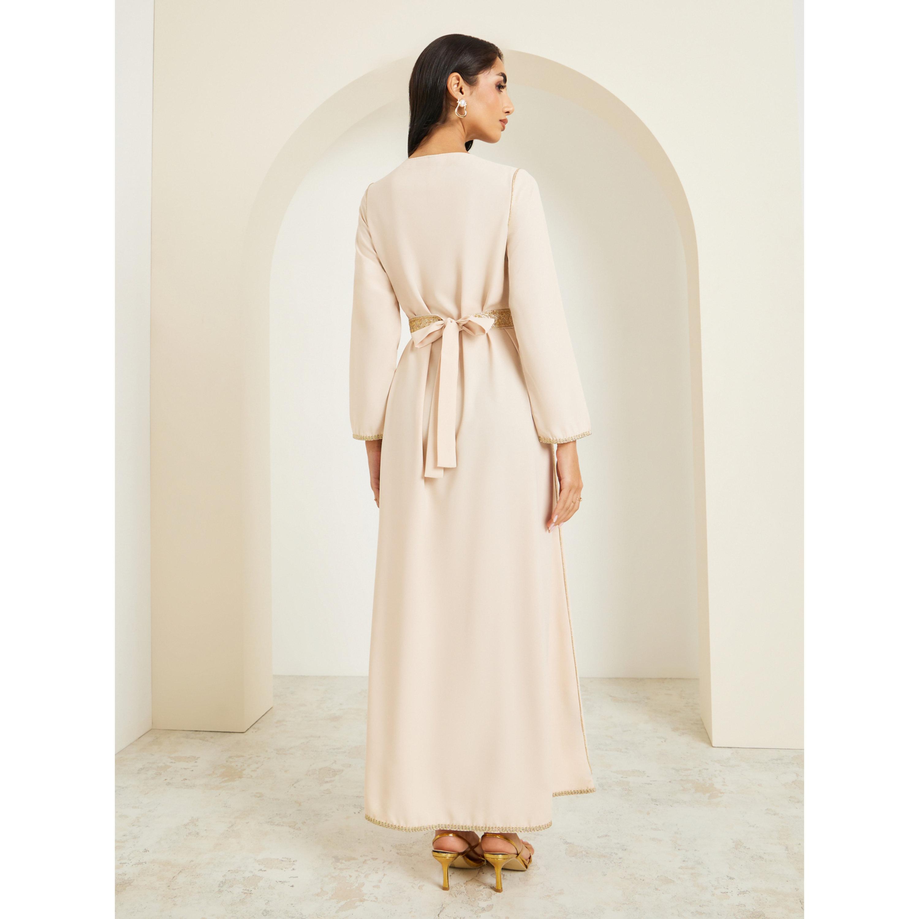 Styli Women Beige Golden Embroidered Kaftan-women-arabicclothing-kaftan-image-5