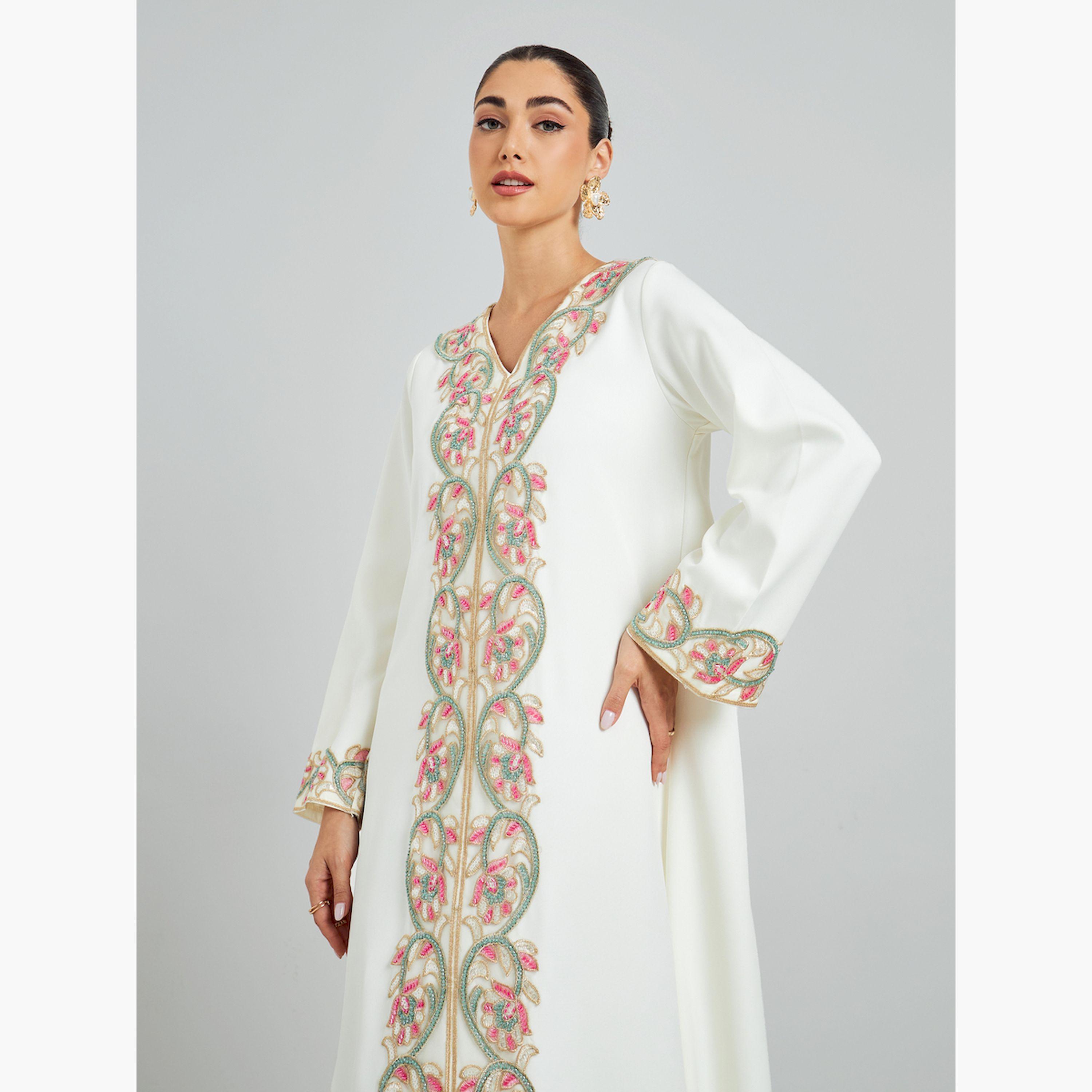 Styli Cream Floral Embroidered A-Line Kaftan-women-arabicclothing-kaftan-image-3