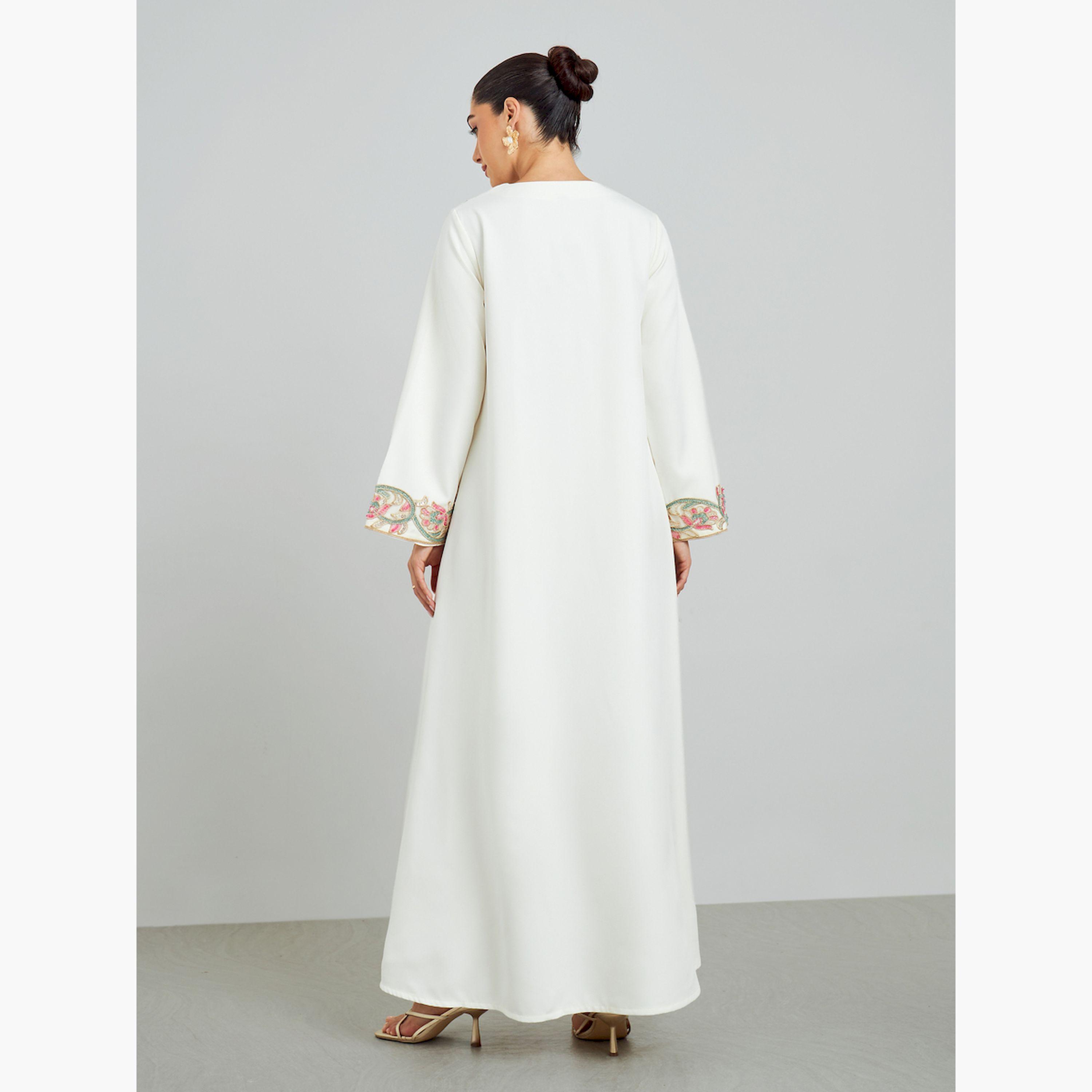Styli Cream Floral Embroidered A-Line Kaftan-women-arabicclothing-kaftan-image-5