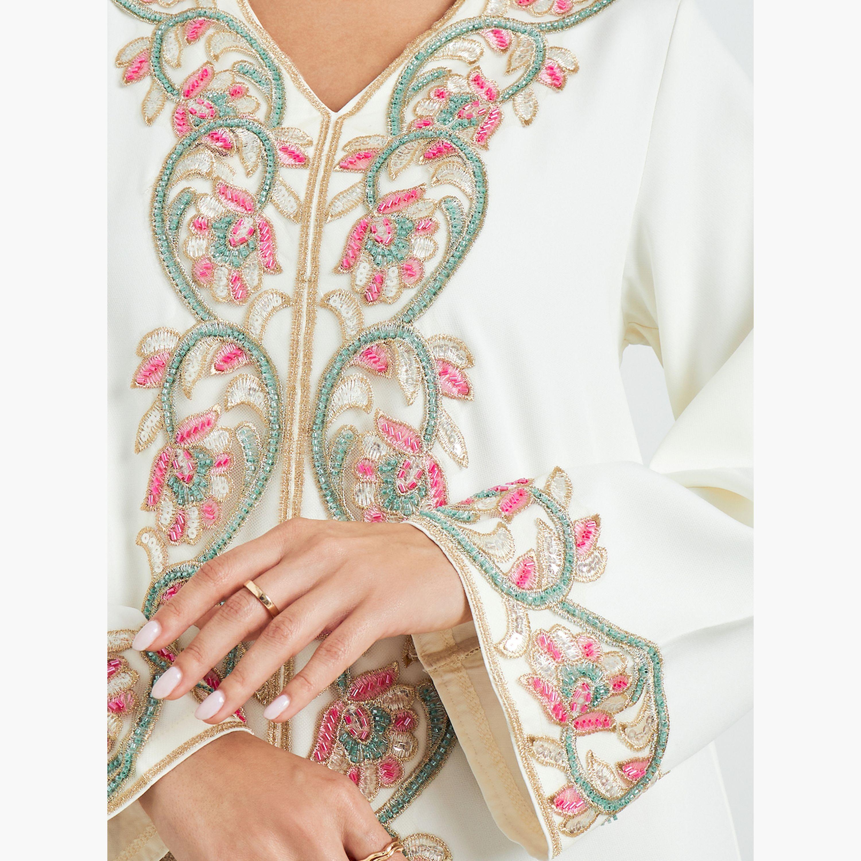 Styli Cream Floral Embroidered A-Line Kaftan-women-arabicclothing-kaftan-image-6