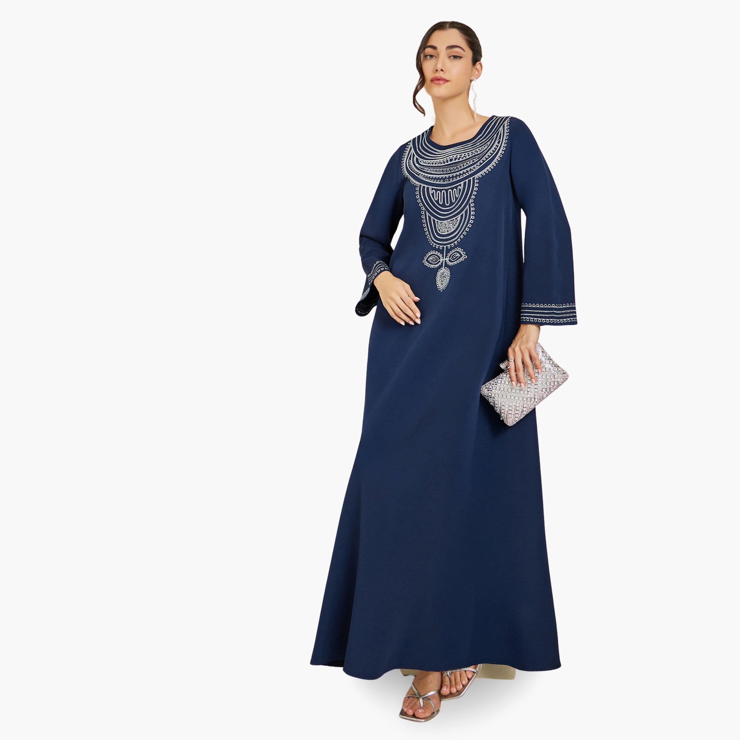 Styli Women Navy Blue Embroidered A-Line Jalabiya-women-arabicclothing-jalabiyas-image-1