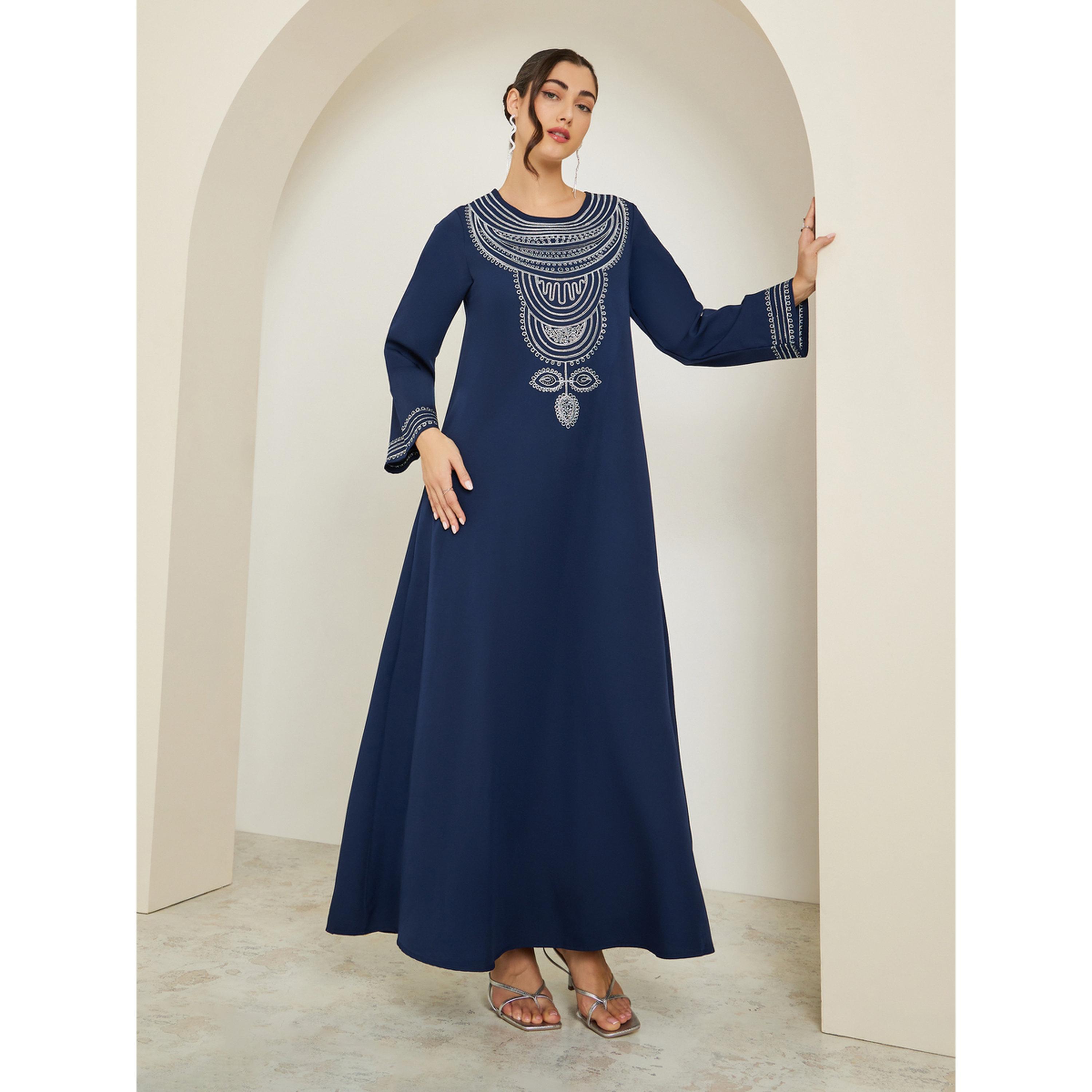 Styli Women Navy Blue Embroidered A-Line Jalabiya-women-arabicclothing-jalabiyas-image-3