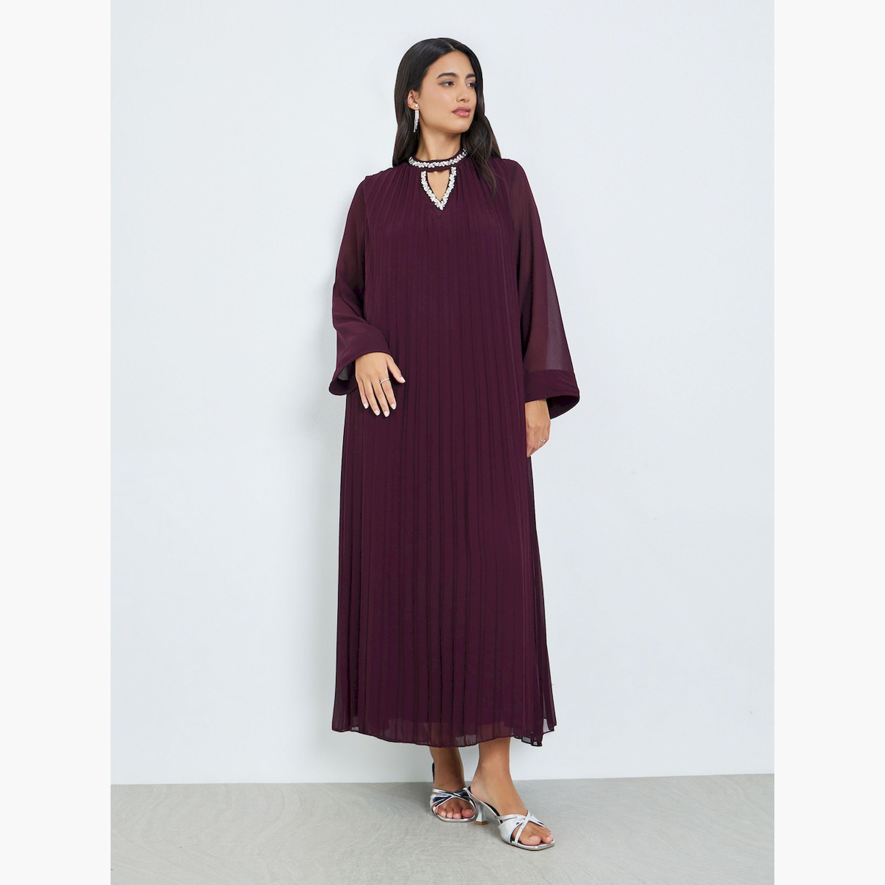 Styli Burgundy Pleated Embellished Neckline Maxi Dress-women-clothing-dresses-image-1