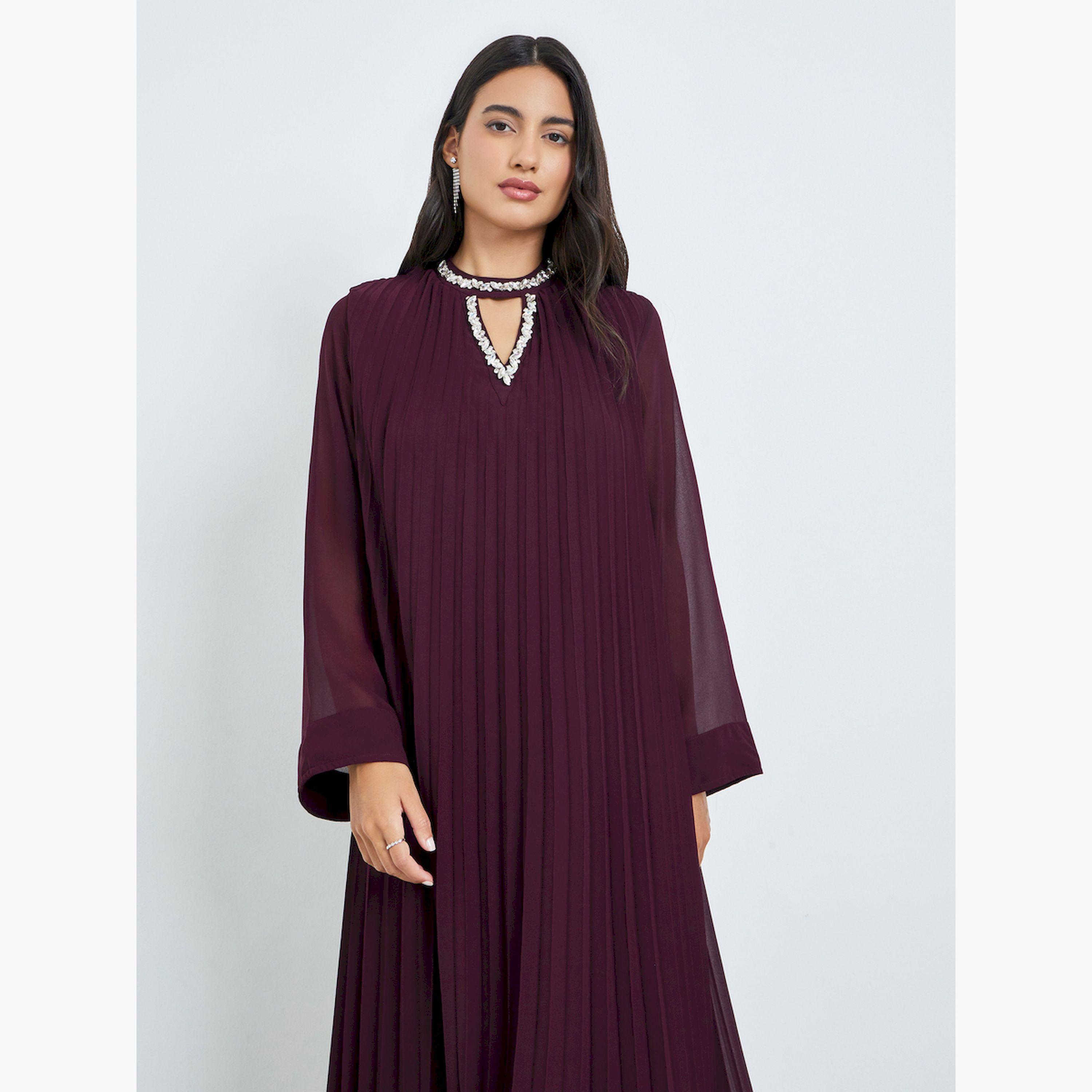 Styli Burgundy Pleated Embellished Neckline Maxi Dress-women-clothing-dresses-image-2