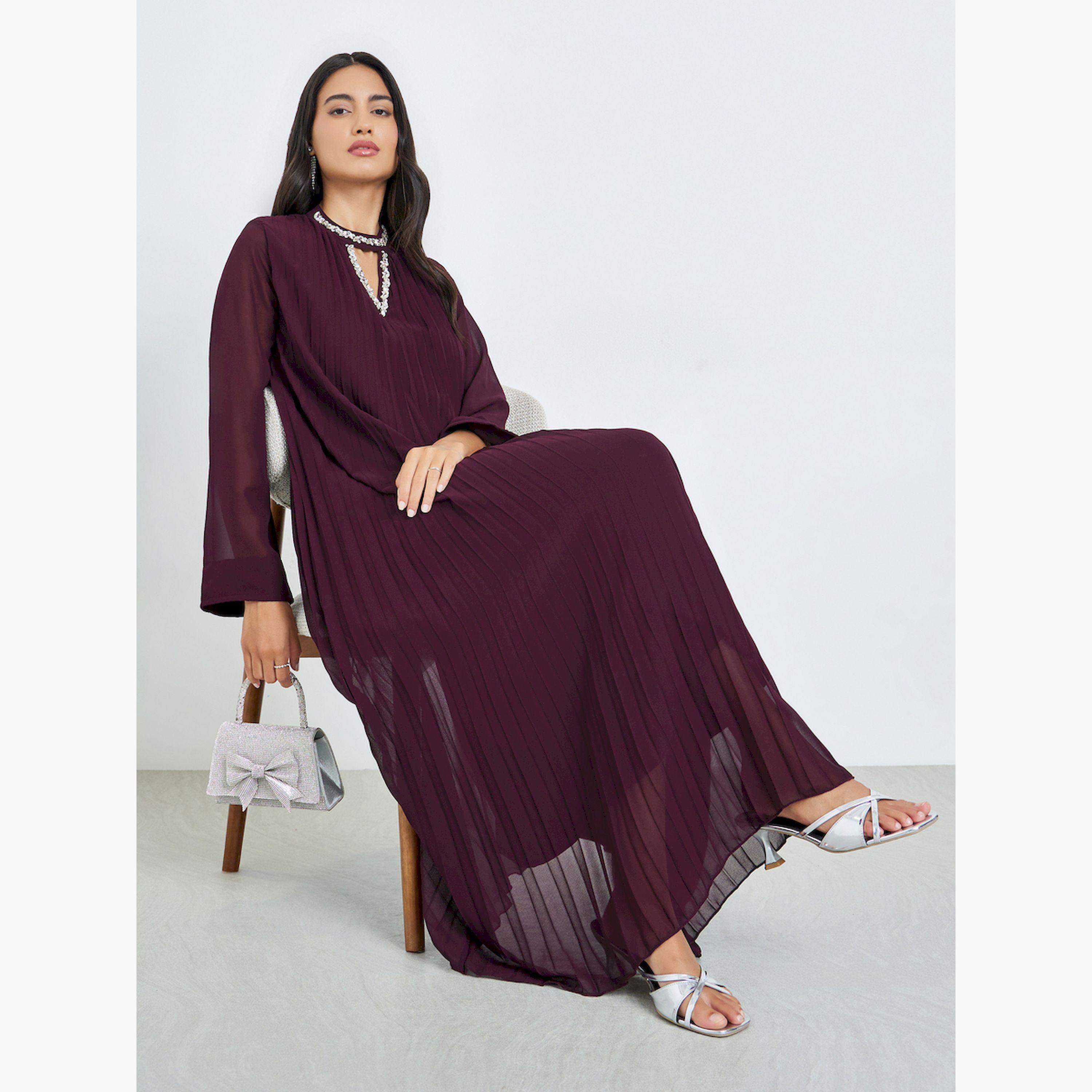 Styli Burgundy Pleated Embellished Neckline Maxi Dress-women-clothing-dresses-image-3