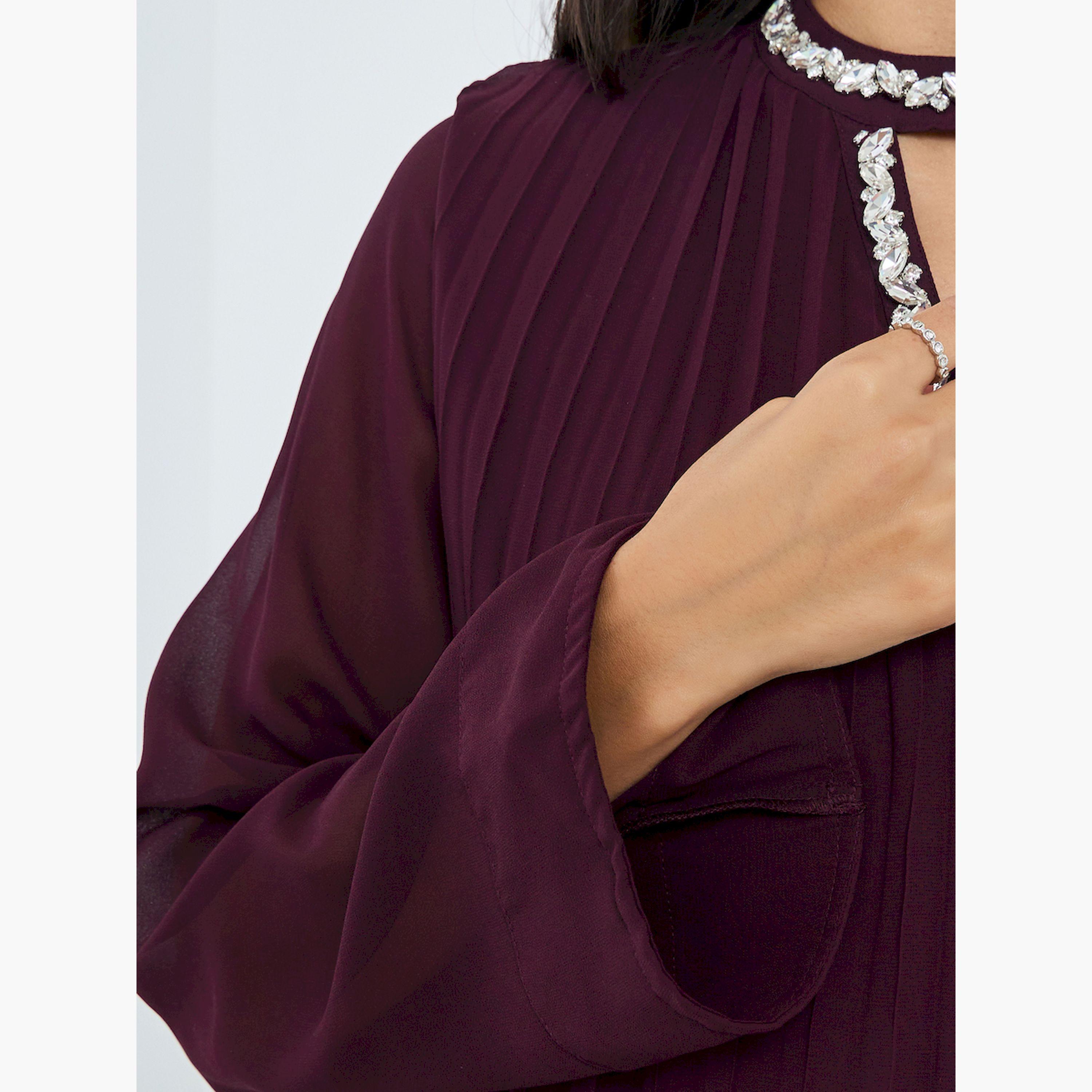Styli Burgundy Pleated Embellished Neckline Maxi Dress-women-clothing-dresses-image-4