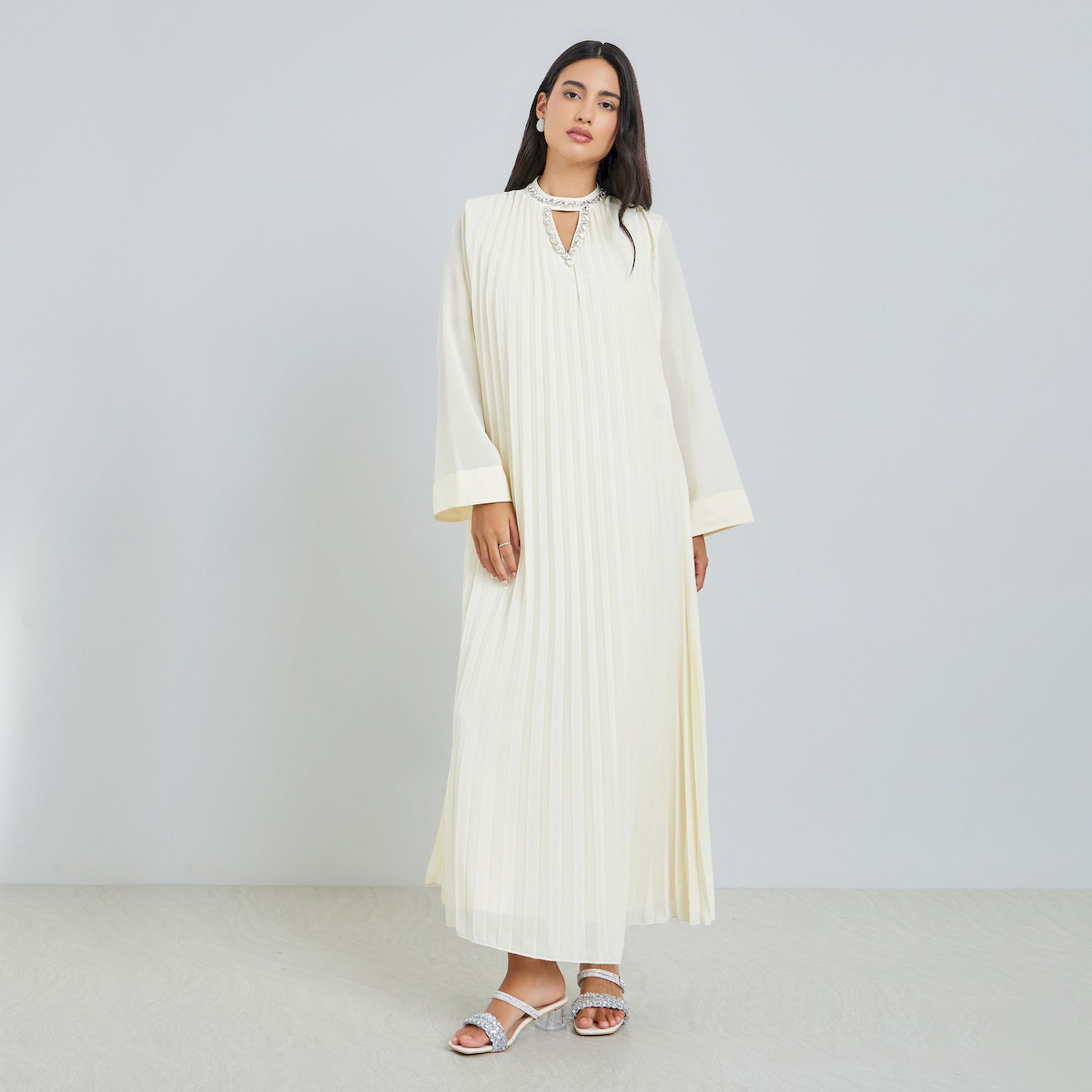 فستان طويل بياقة منمقة وكسرات-women-clothing-dresses-image-1