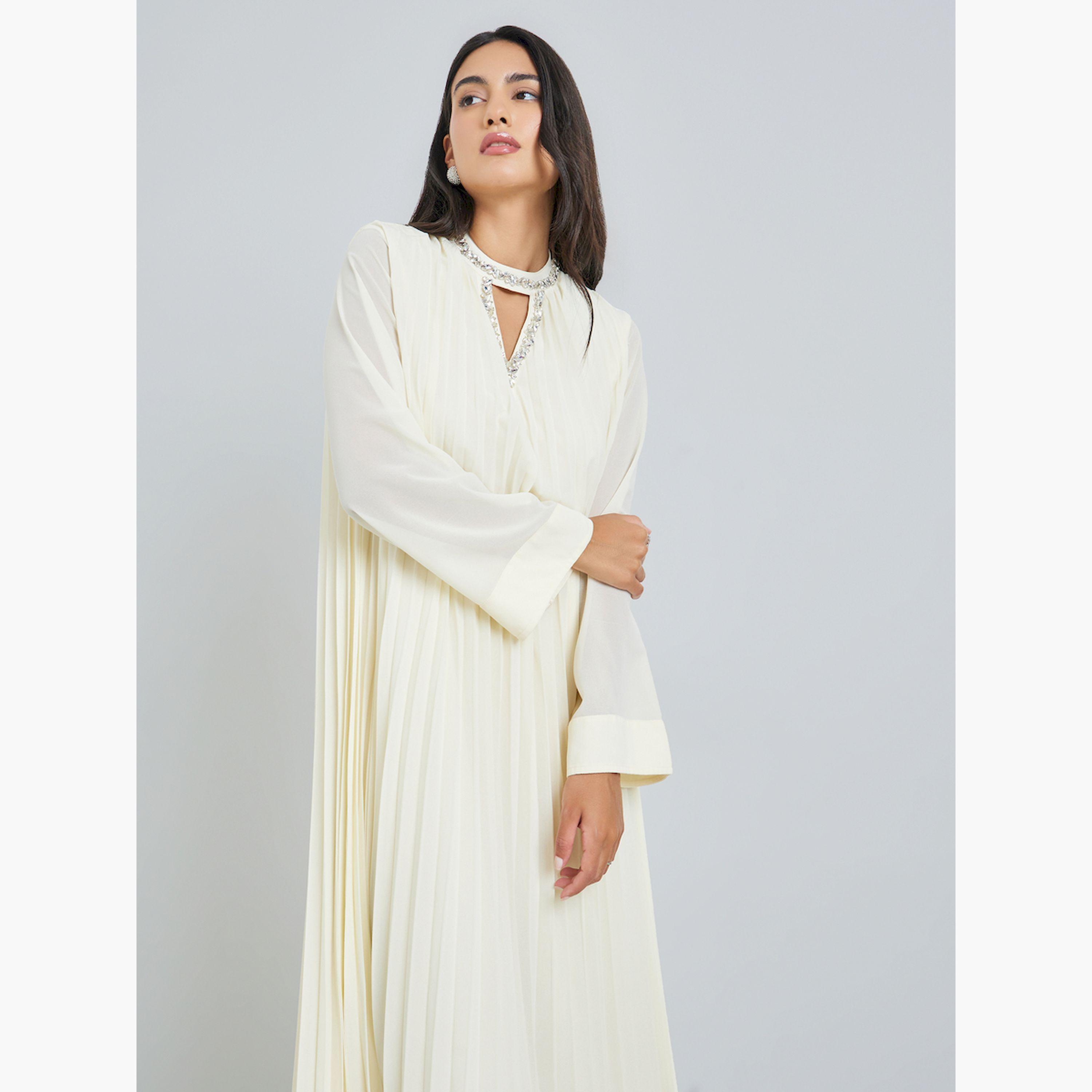 Styli Cream Pleated Embellished Neckline Maxi Dress-women-clothing-dresses-image-2