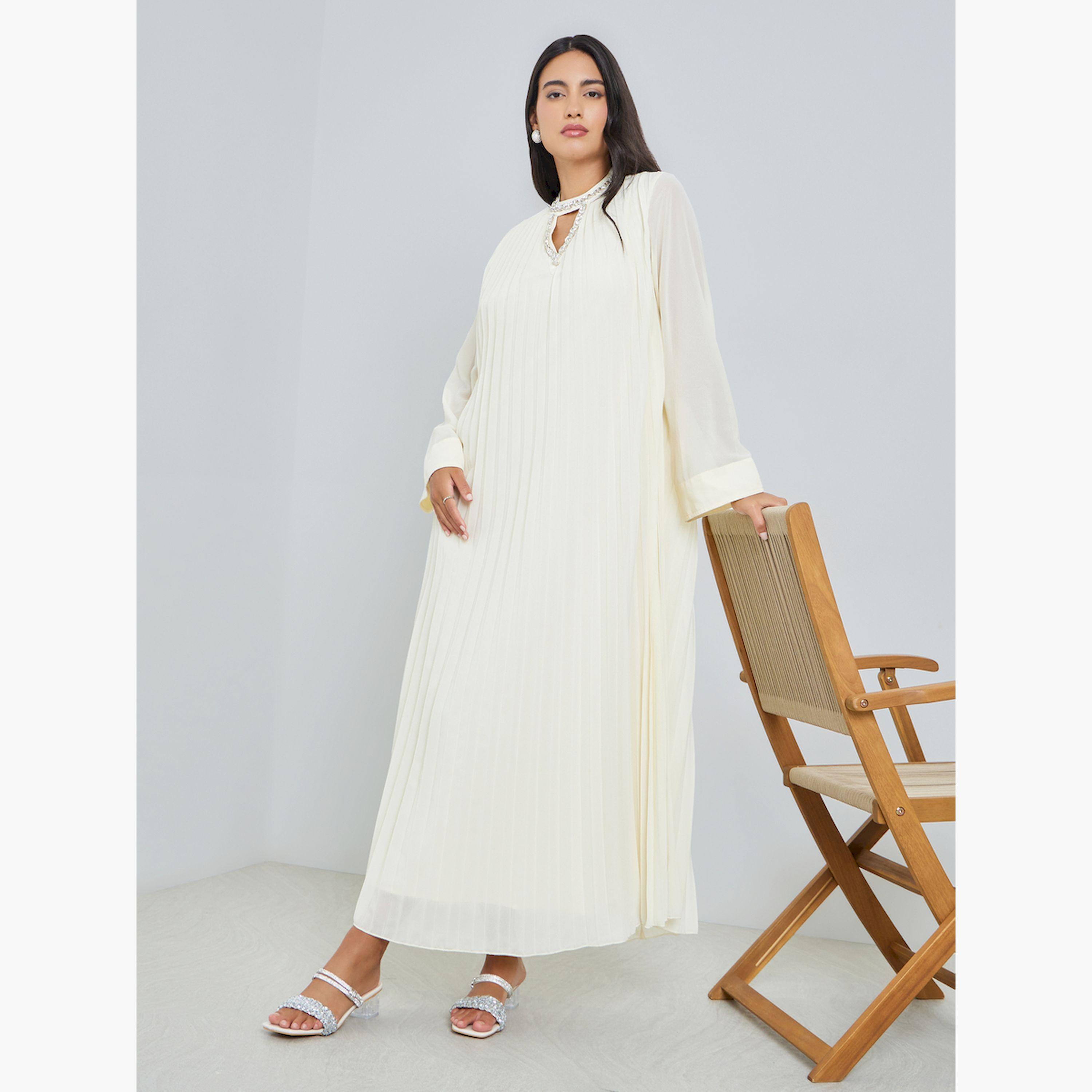 Styli Cream Pleated Embellished Neckline Maxi Dress-women-clothing-dresses-image-3