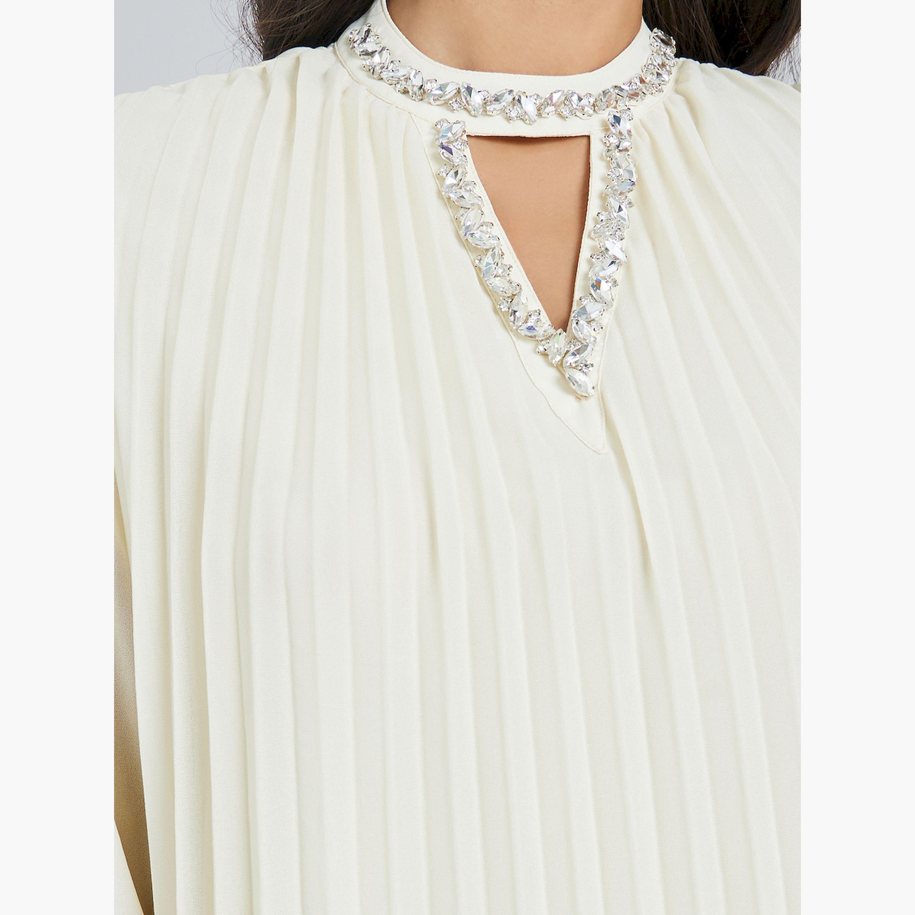 Styli Cream Pleated Embellished Neckline Maxi Dress-women-clothing-dresses-image-4