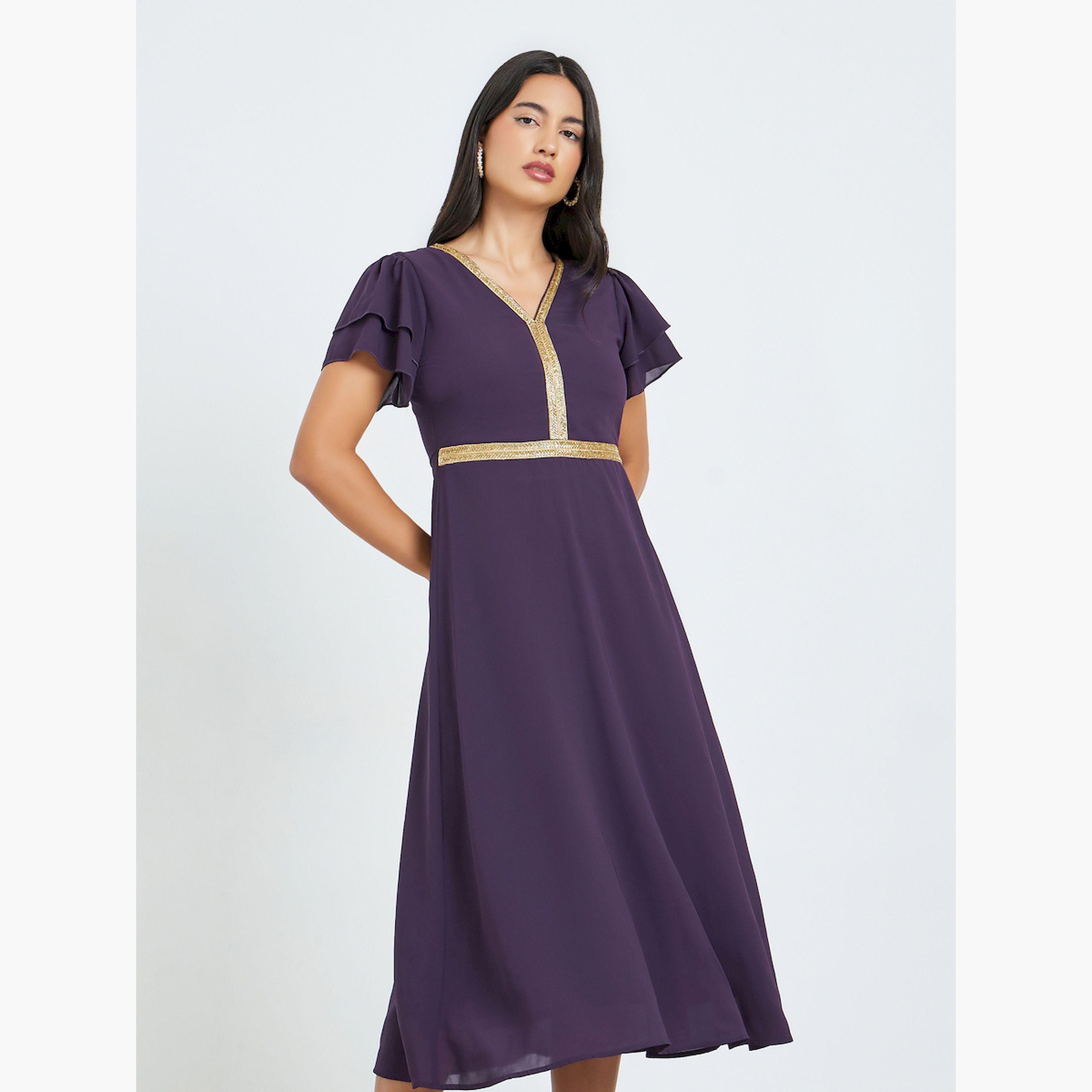 Styli Purple Embellished Ruffled Sleeve Midi Dress-women-clothing-dresses-image-1