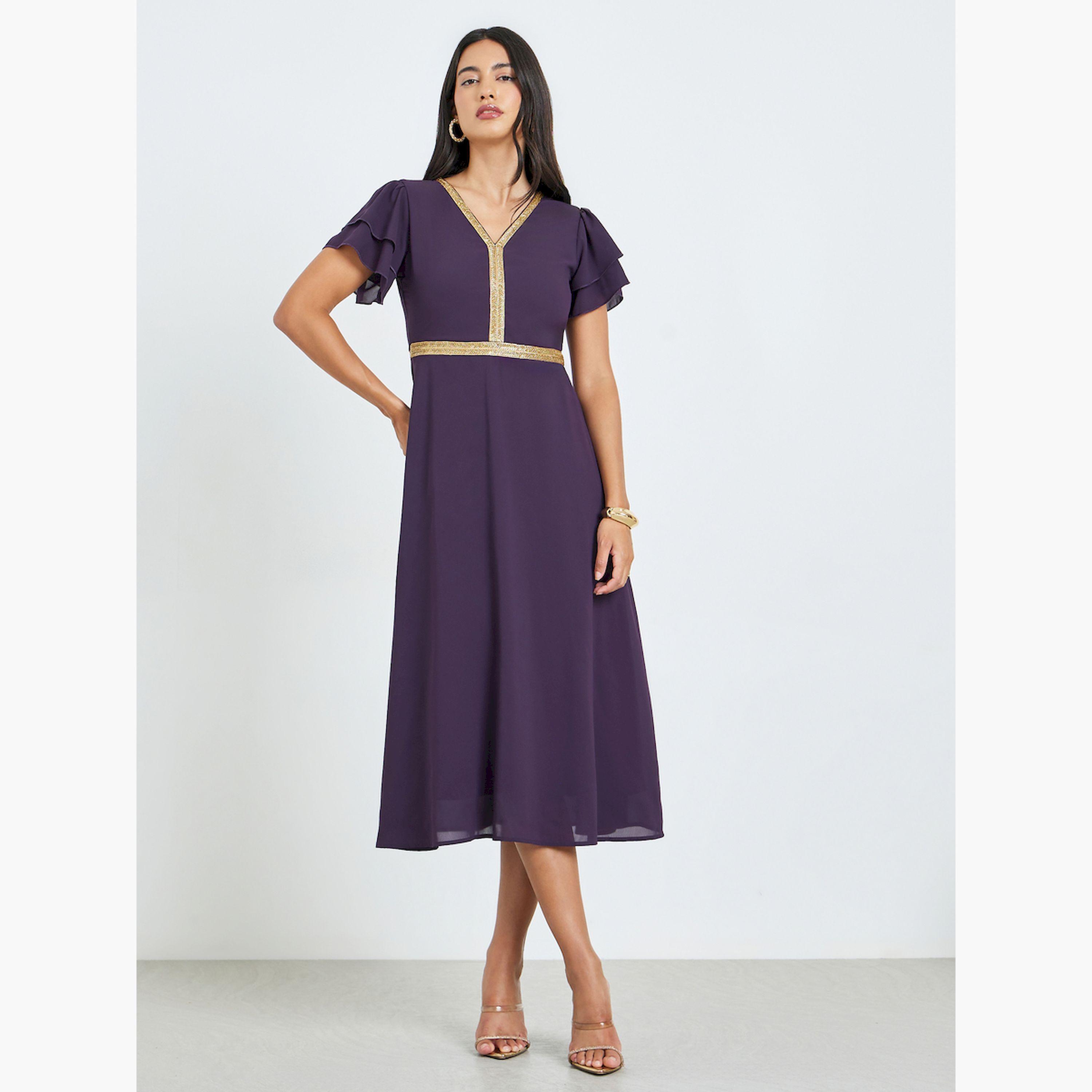 Styli Purple Embellished Ruffled Sleeve Midi Dress-women-clothing-dresses-image-2