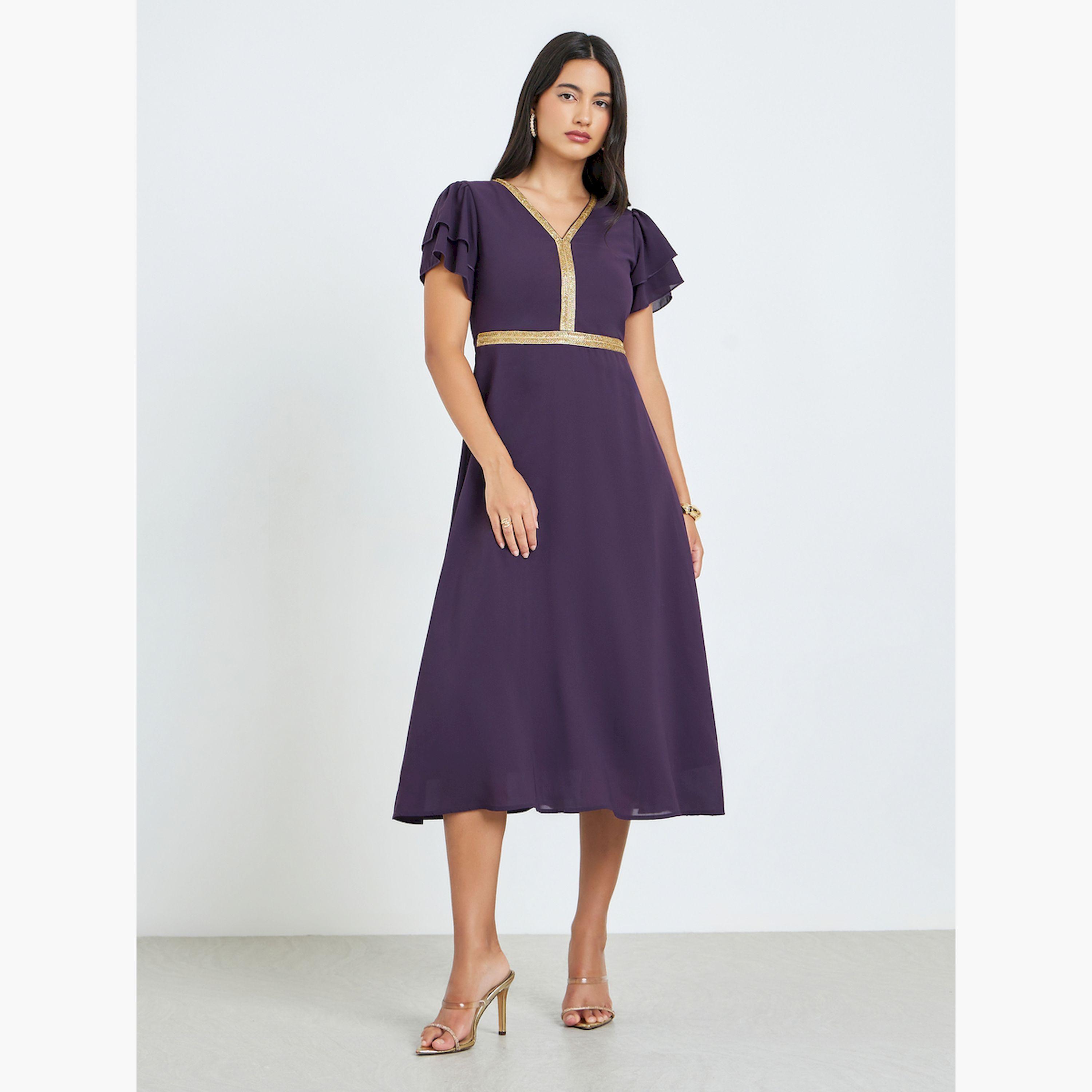 Styli Purple Embellished Ruffled Sleeve Midi Dress-women-clothing-dresses-image-3