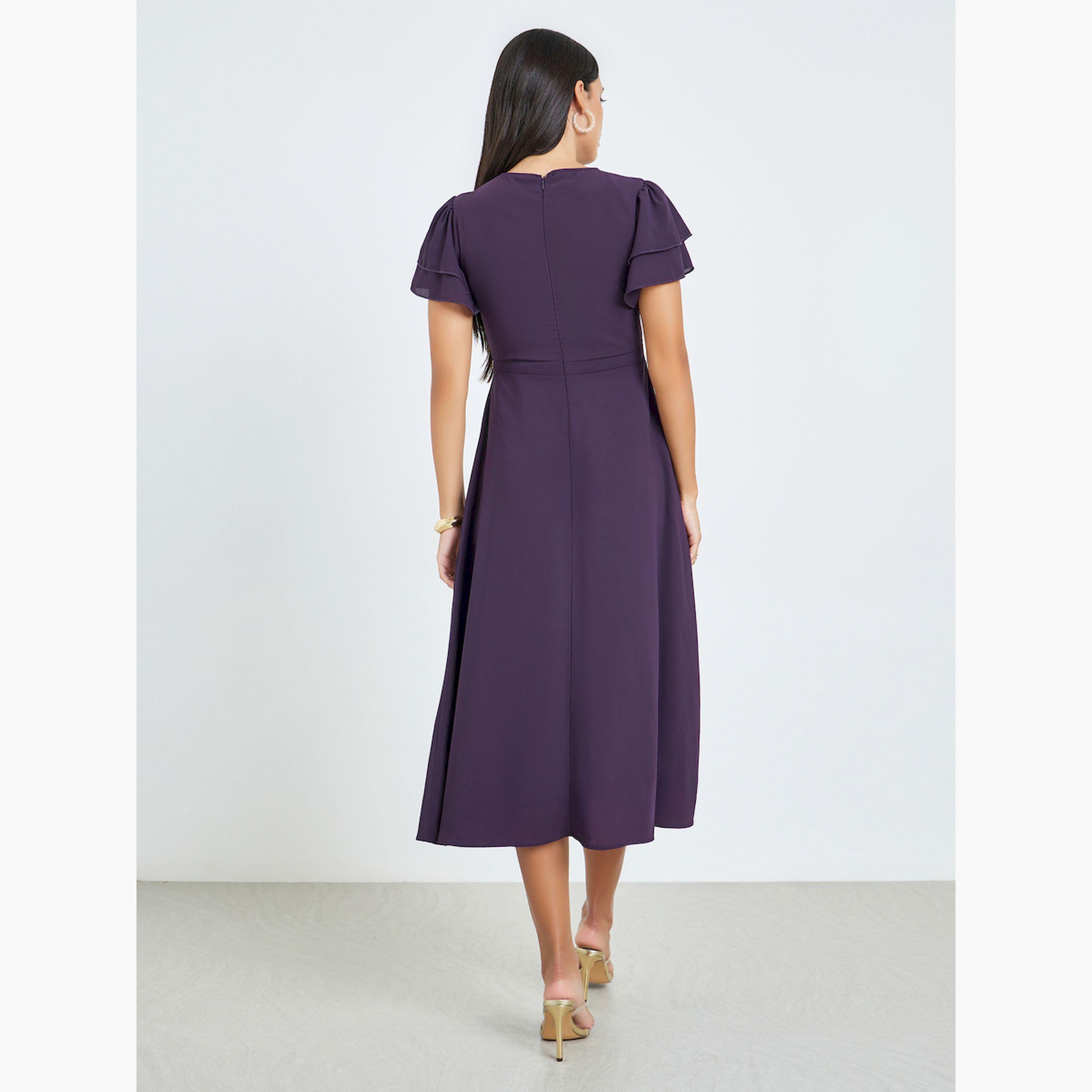 Styli Purple Embellished Ruffled Sleeve Midi Dress-women-clothing-dresses-image-5