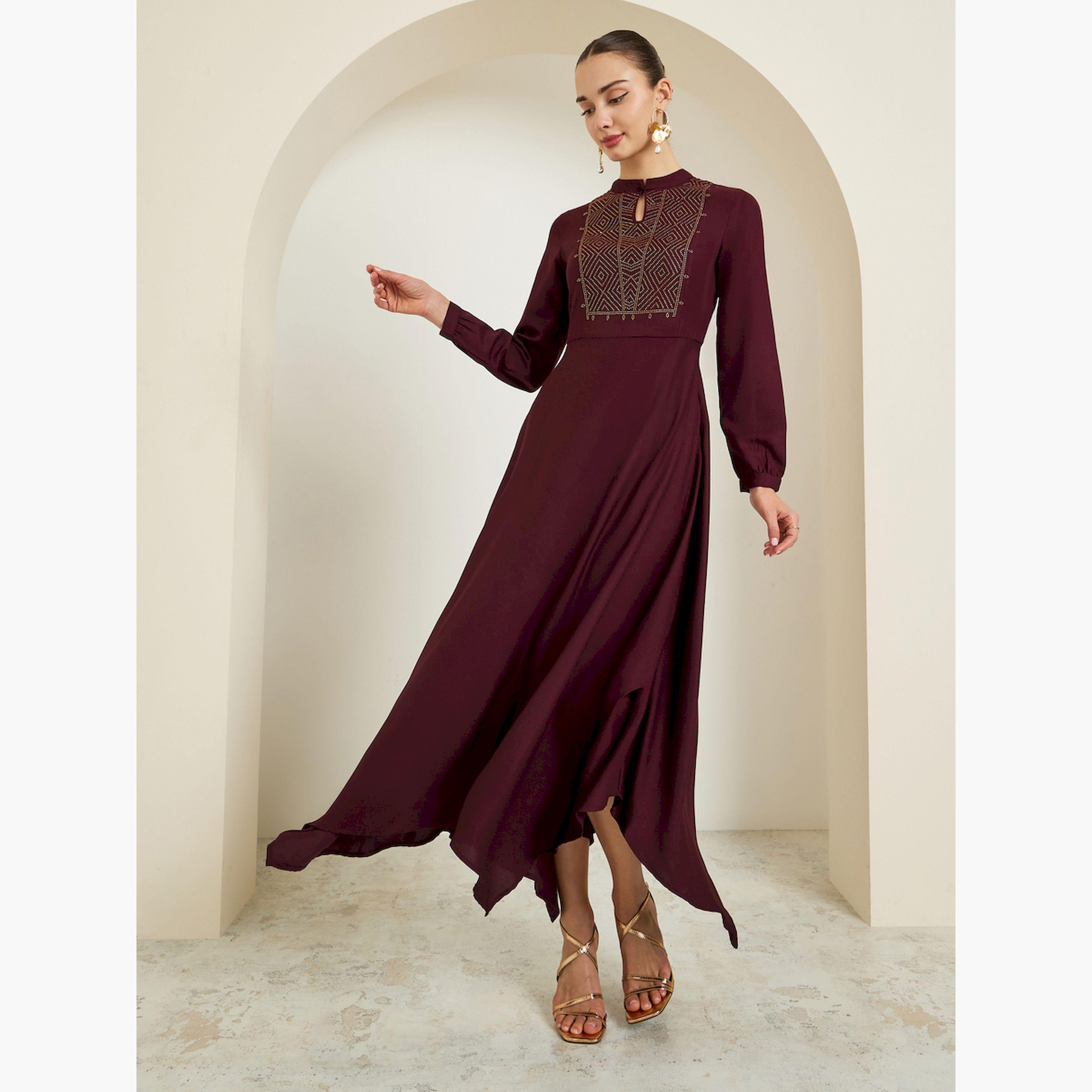 Styli Maroon Embellished Asymmetrical Hem Maxi Dress-women-clothing-dresses-image-1