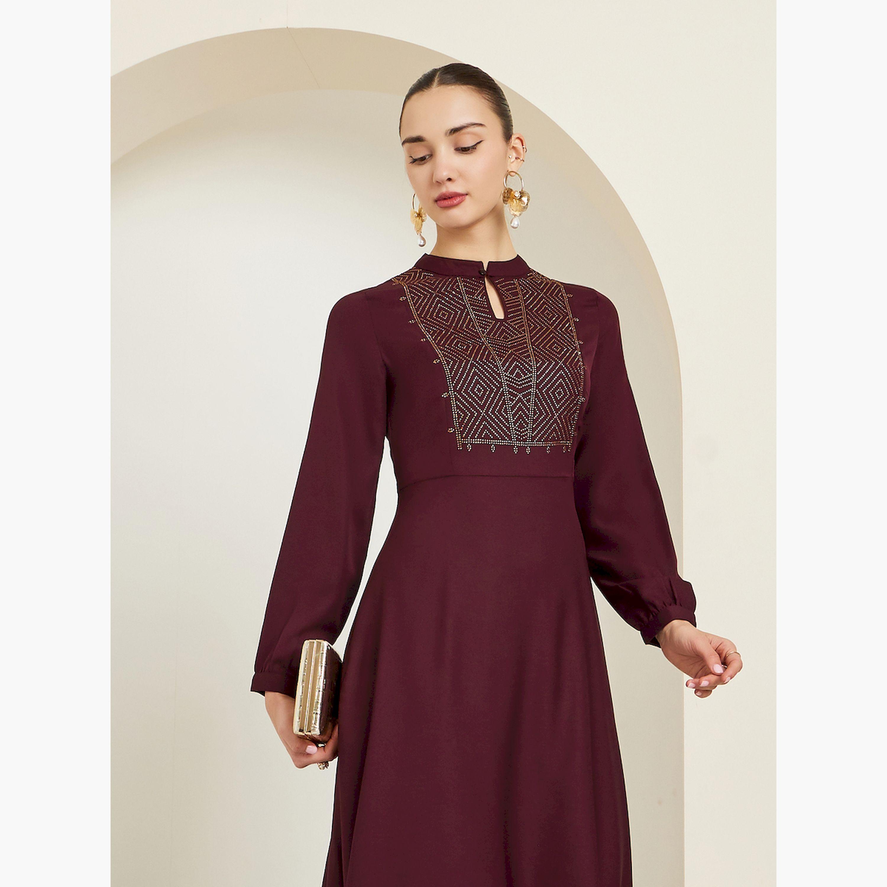 Styli Maroon Embellished Asymmetrical Hem Maxi Dress-women-clothing-dresses-image-2