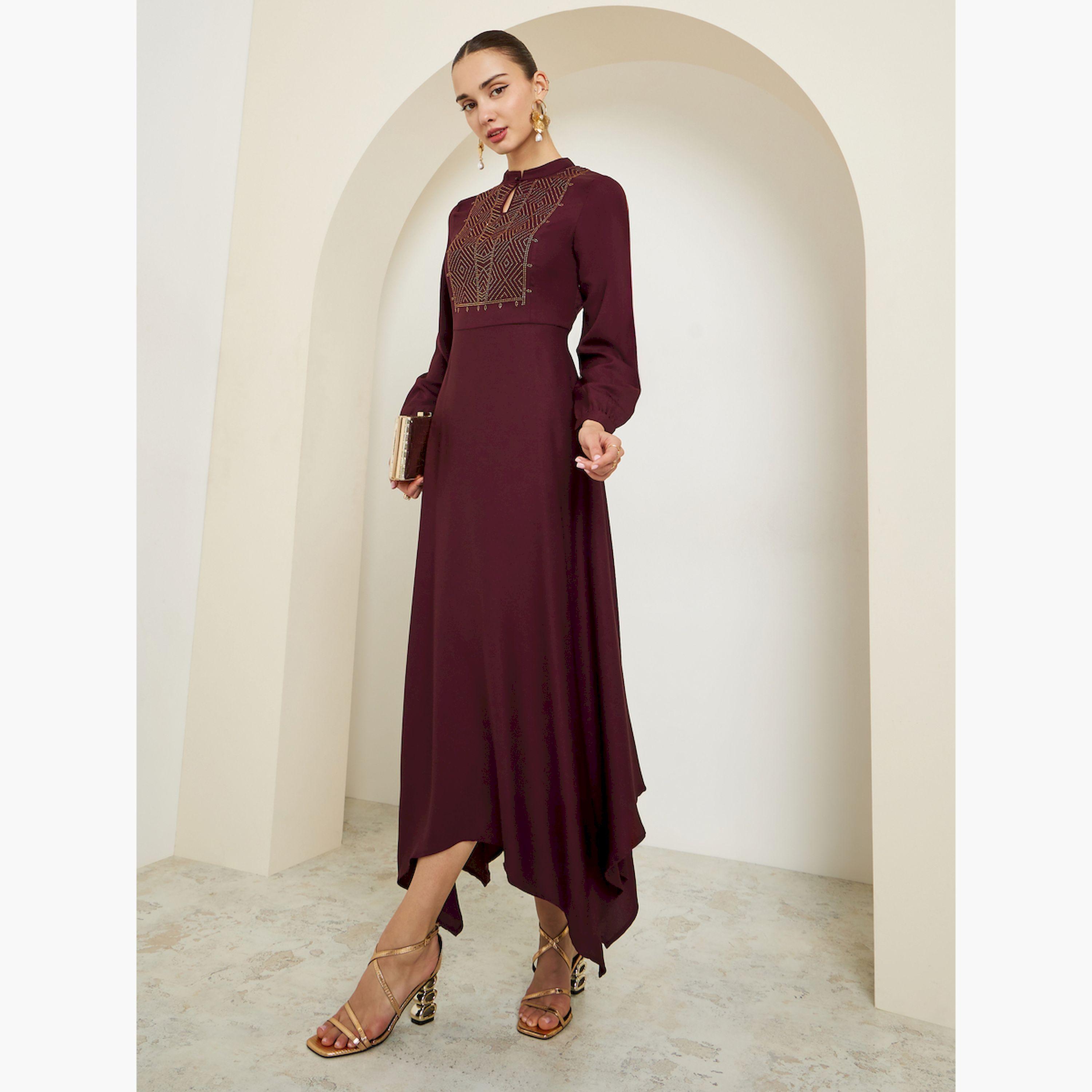 Styli Maroon Embellished Asymmetrical Hem Maxi Dress-women-clothing-dresses-image-3