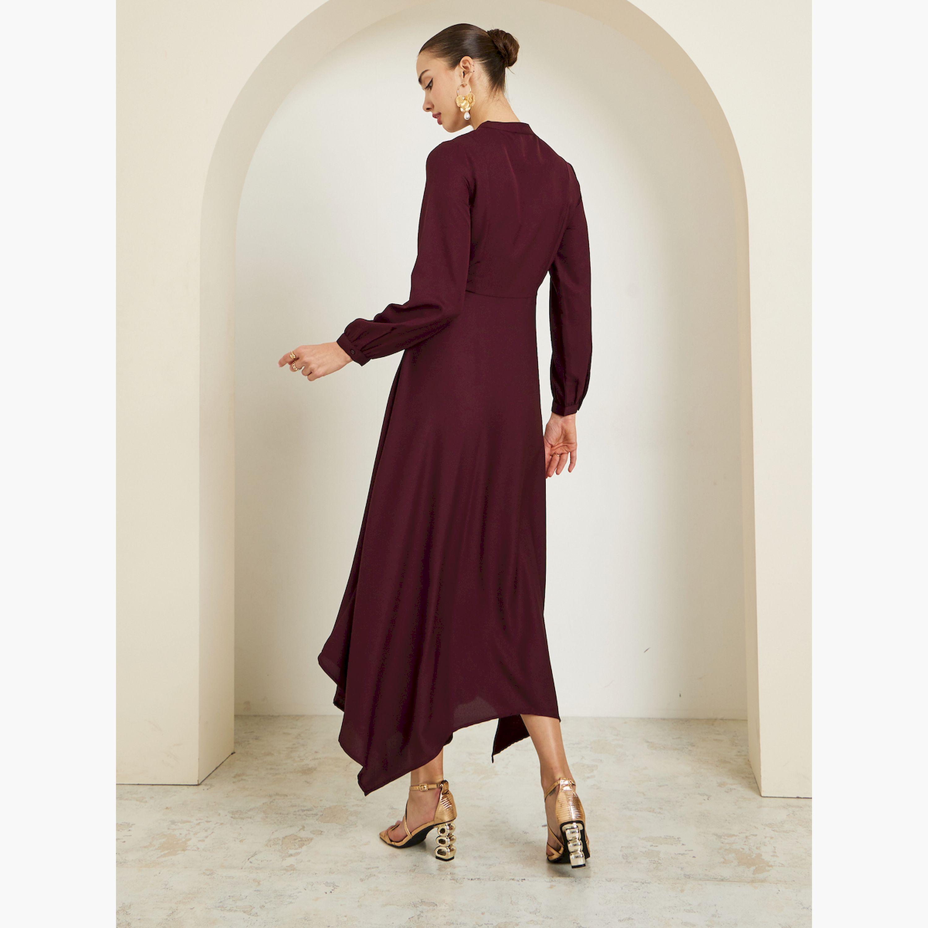 Styli Maroon Embellished Asymmetrical Hem Maxi Dress-women-clothing-dresses-image-4