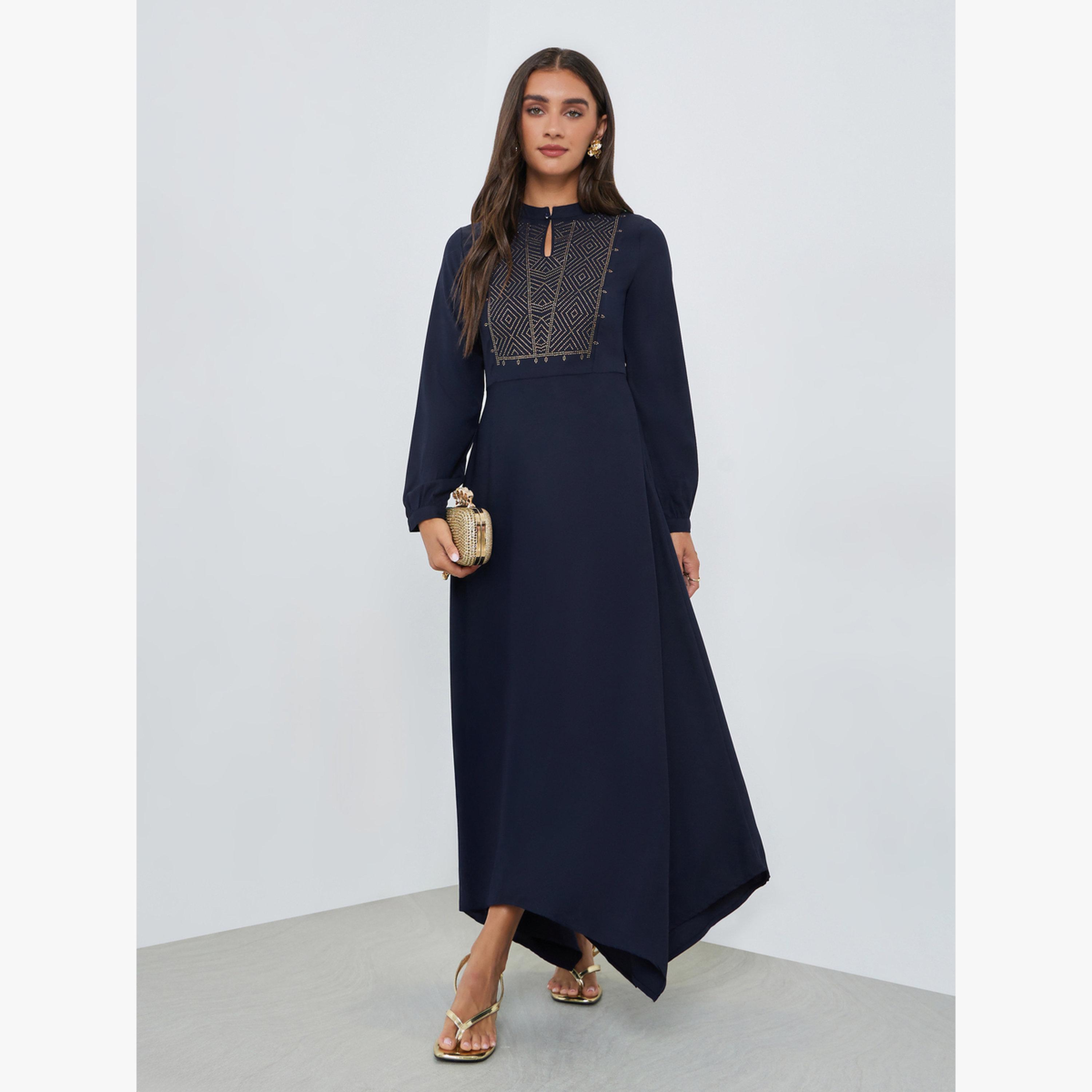 Styli Navy Blue Embellished Asymmetrical Hem Maxi Dress-women-clothing-dresses-image-1