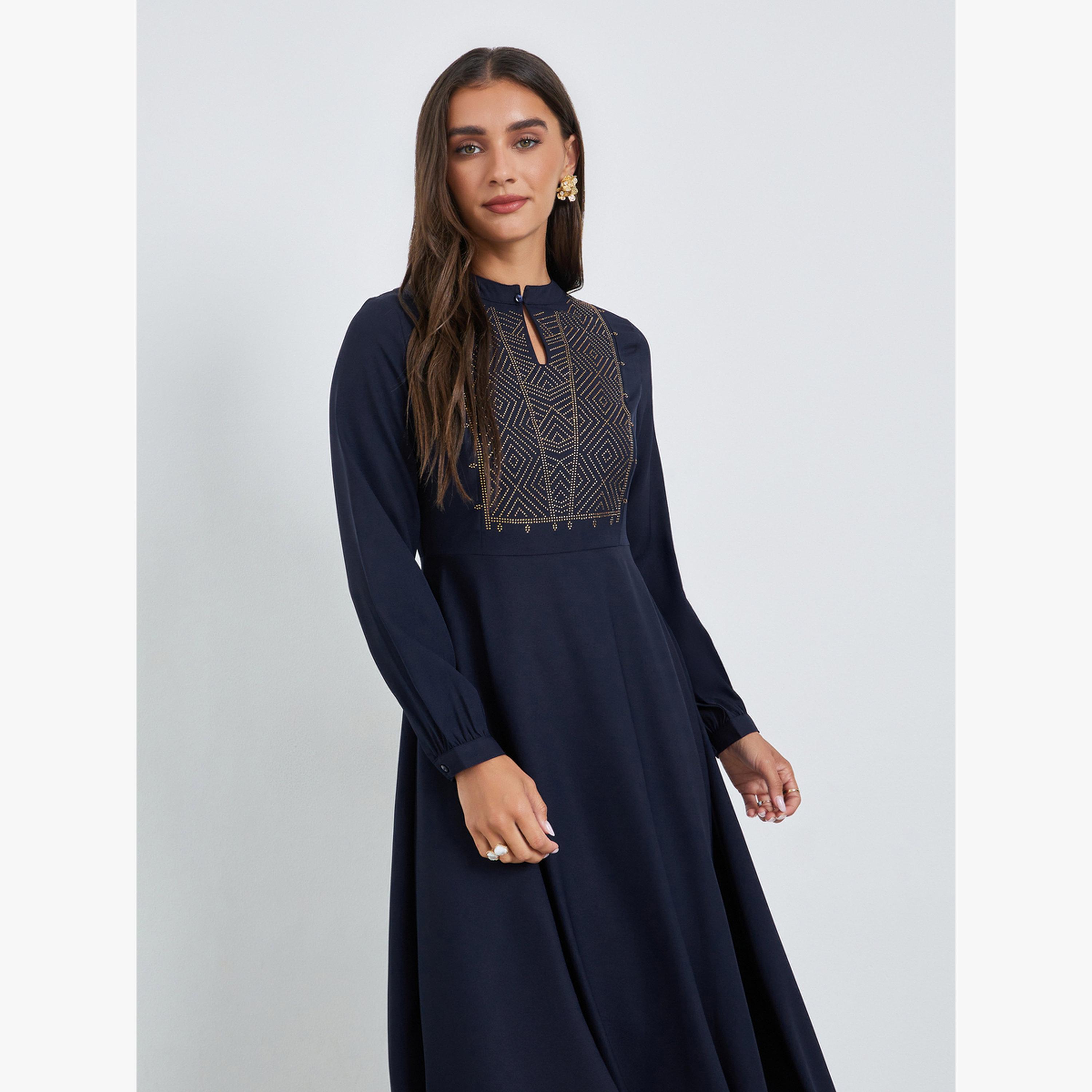 Styli Navy Blue Embellished Asymmetrical Hem Maxi Dress-women-clothing-dresses-image-2