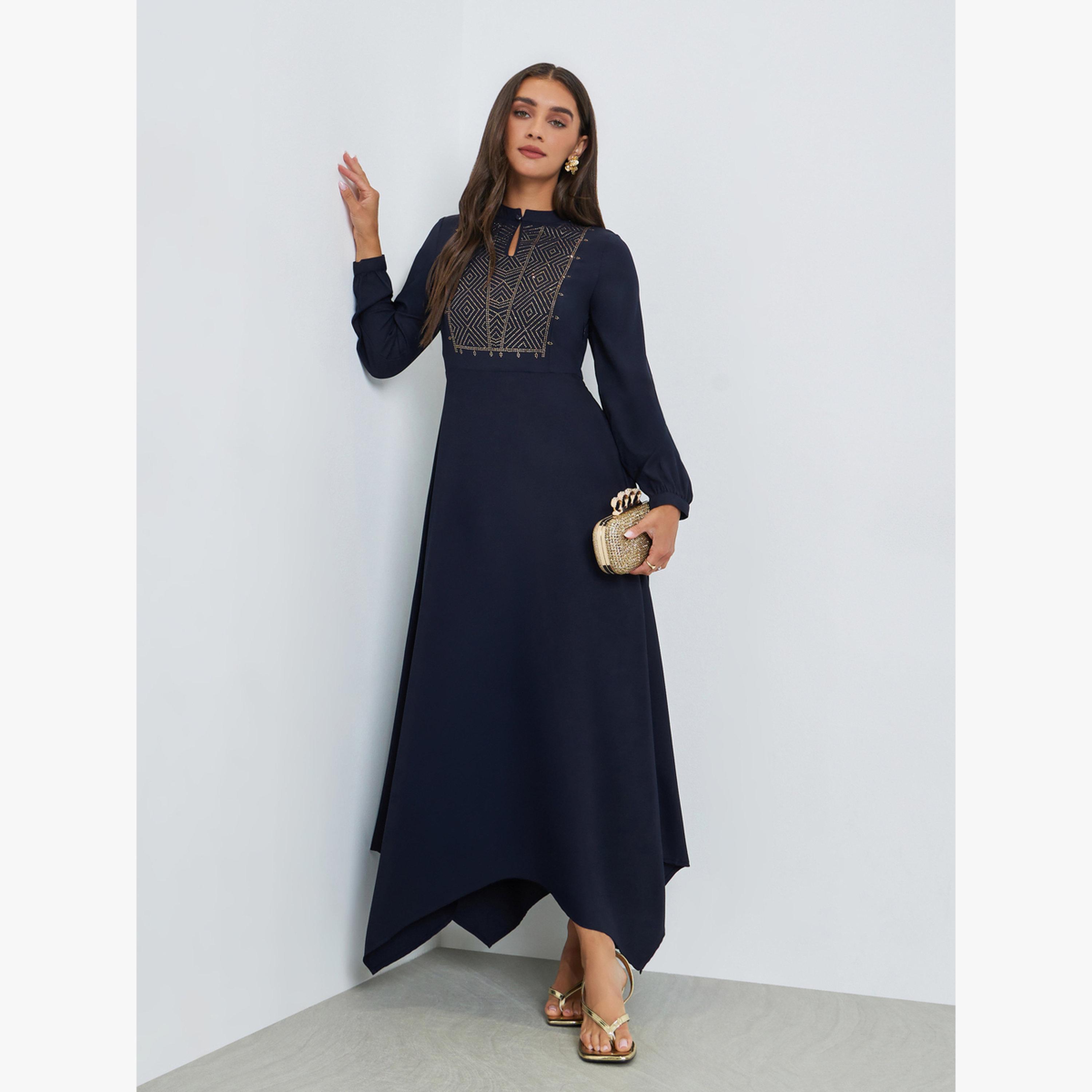فستان طويل مزين بحافة غير متماثلة-women-clothing-dresses-image-3