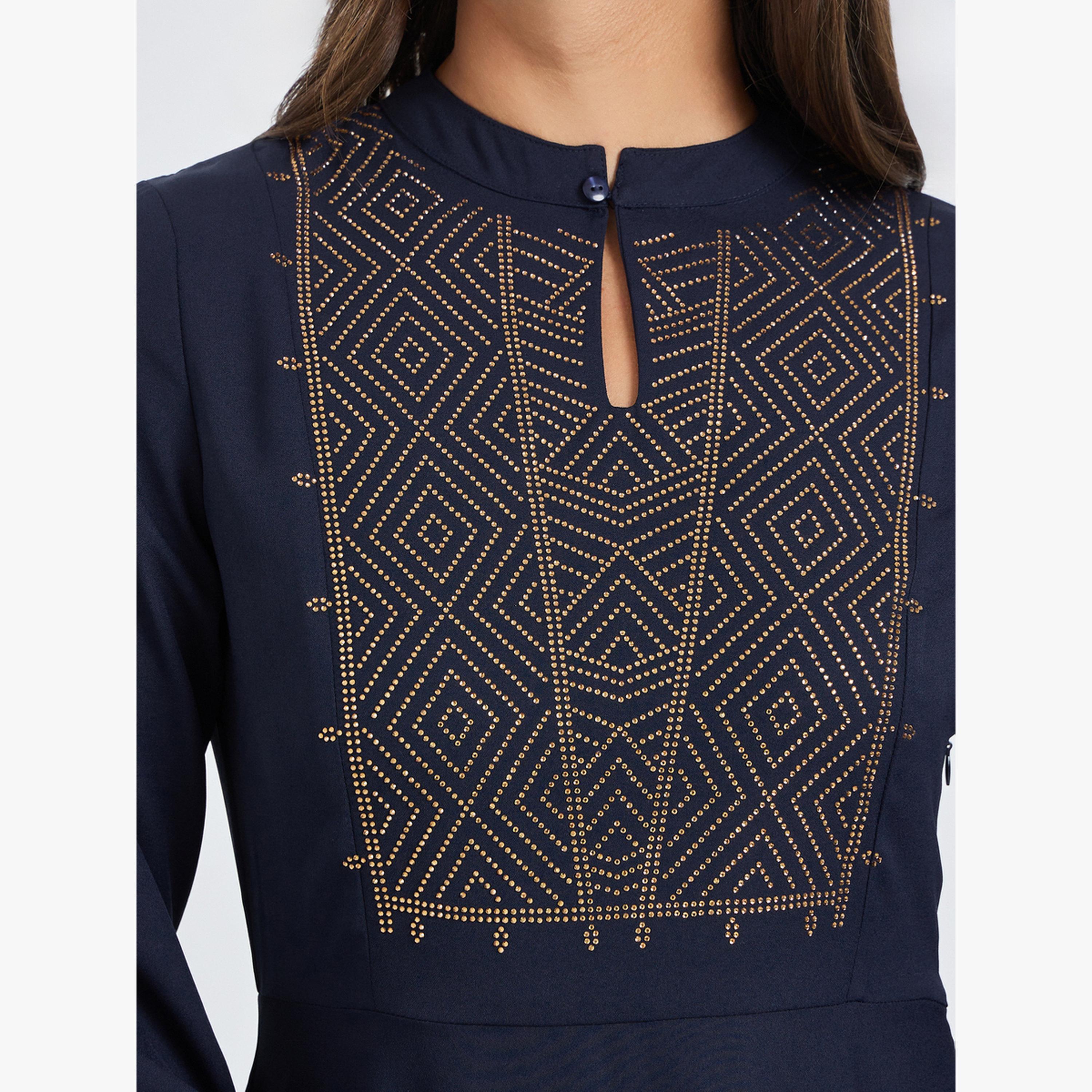 Styli Navy Blue Embellished Asymmetrical Hem Maxi Dress-women-clothing-dresses-image-5