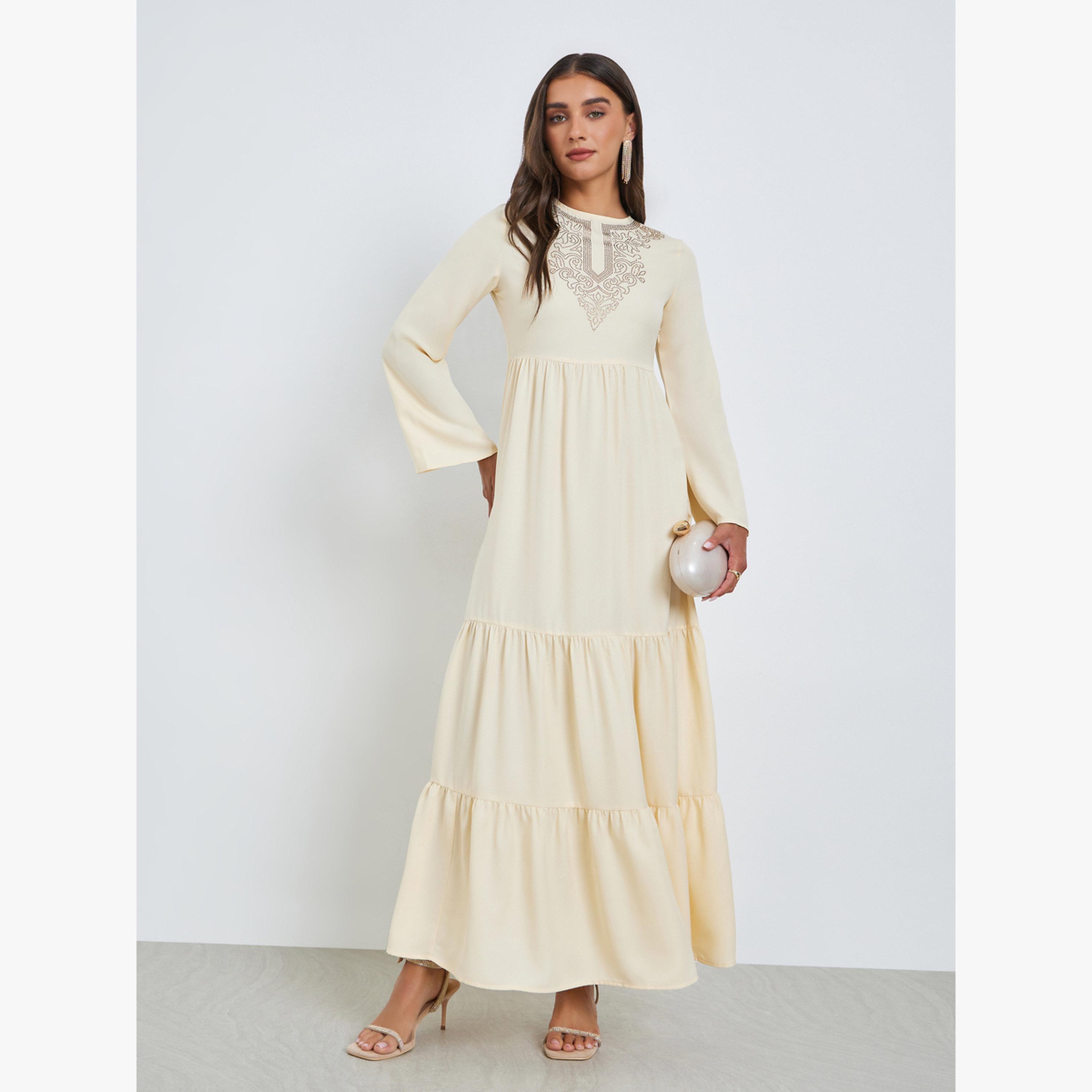 Styli Cream Embellished Yoke Tiered Maxi Dress-women-clothing-dresses-image-1