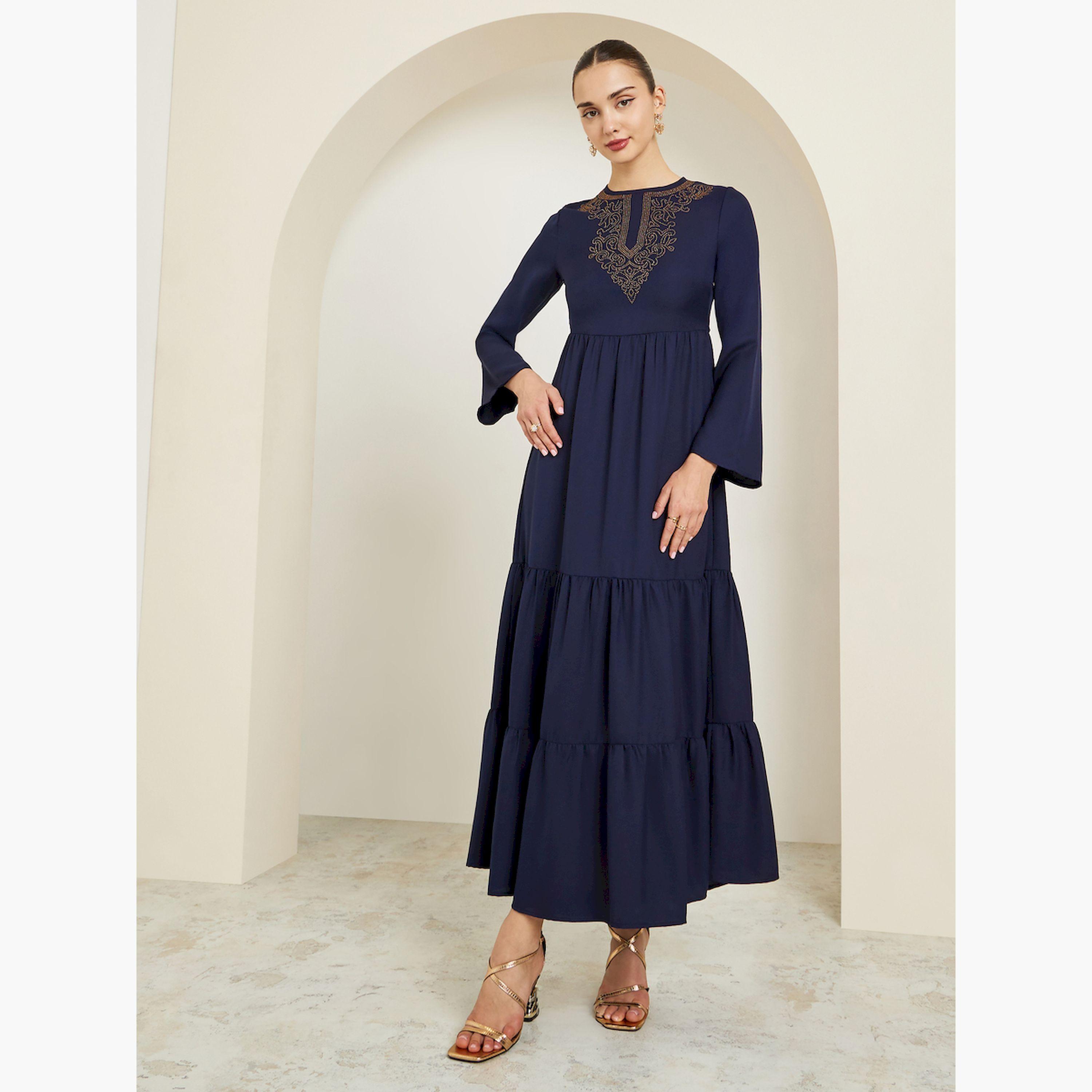Styli Navy Blue Embellished Tiered Maxi Dress-women-clothing-dresses-image-1