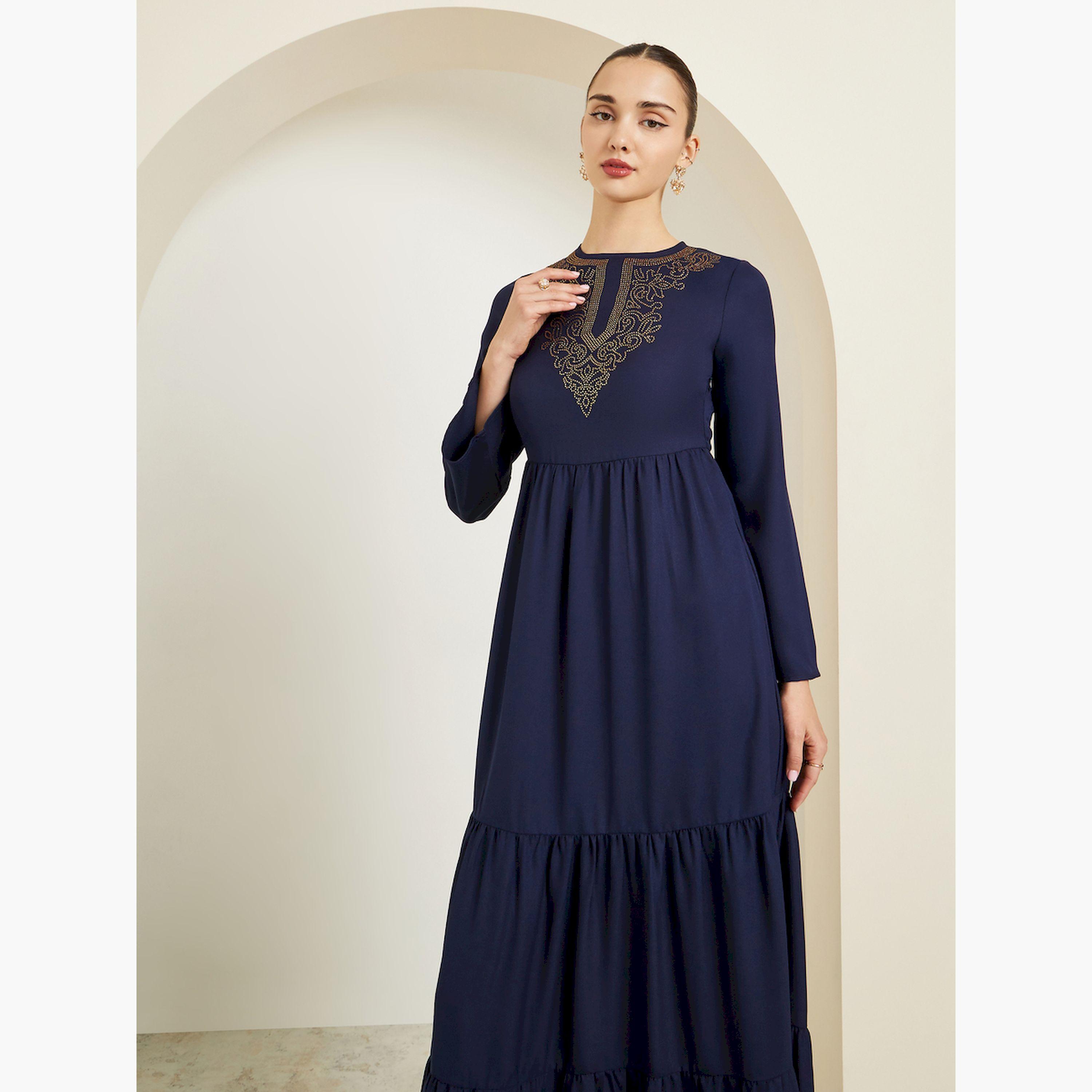 Styli Navy Blue Embellished Tiered Maxi Dress-women-clothing-dresses-image-2