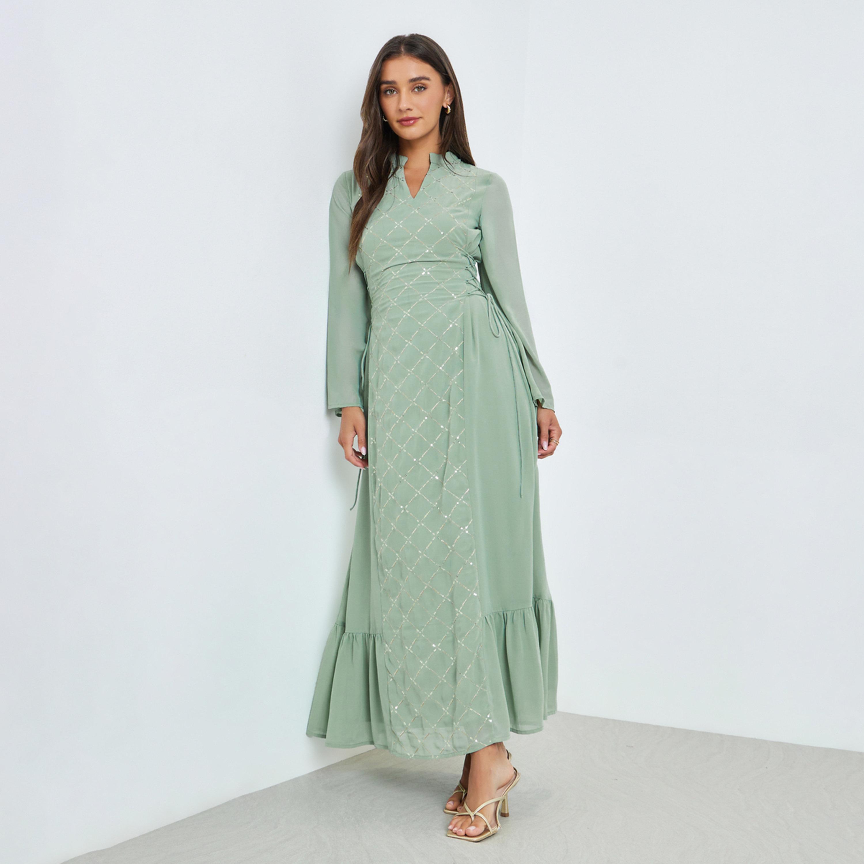 Styli Green Sequin Panel Maxi Dress with Side Tie-Up-women-clothing-dresses-image-1