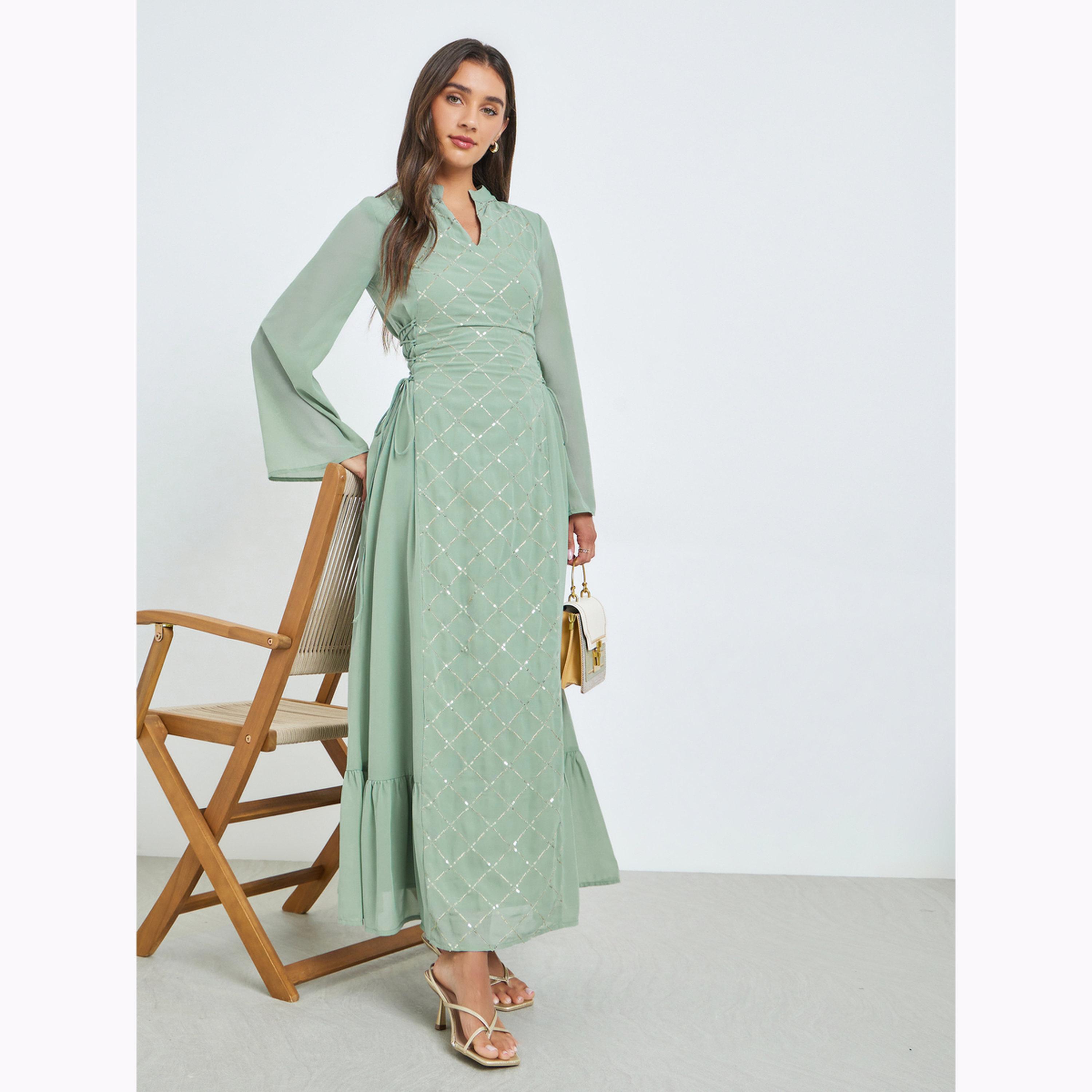 فستان طويل بألواح ترتر ورباط جانبي-women-clothing-dresses-image-2