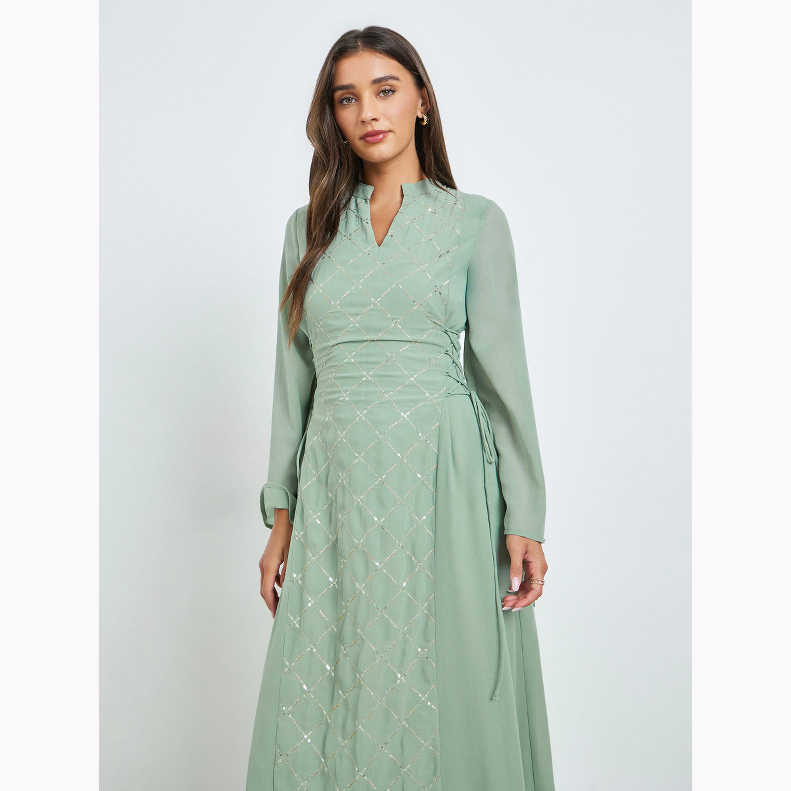 Styli Green Sequin Panel Maxi Dress with Side Tie-Up-women-clothing-dresses-image-3