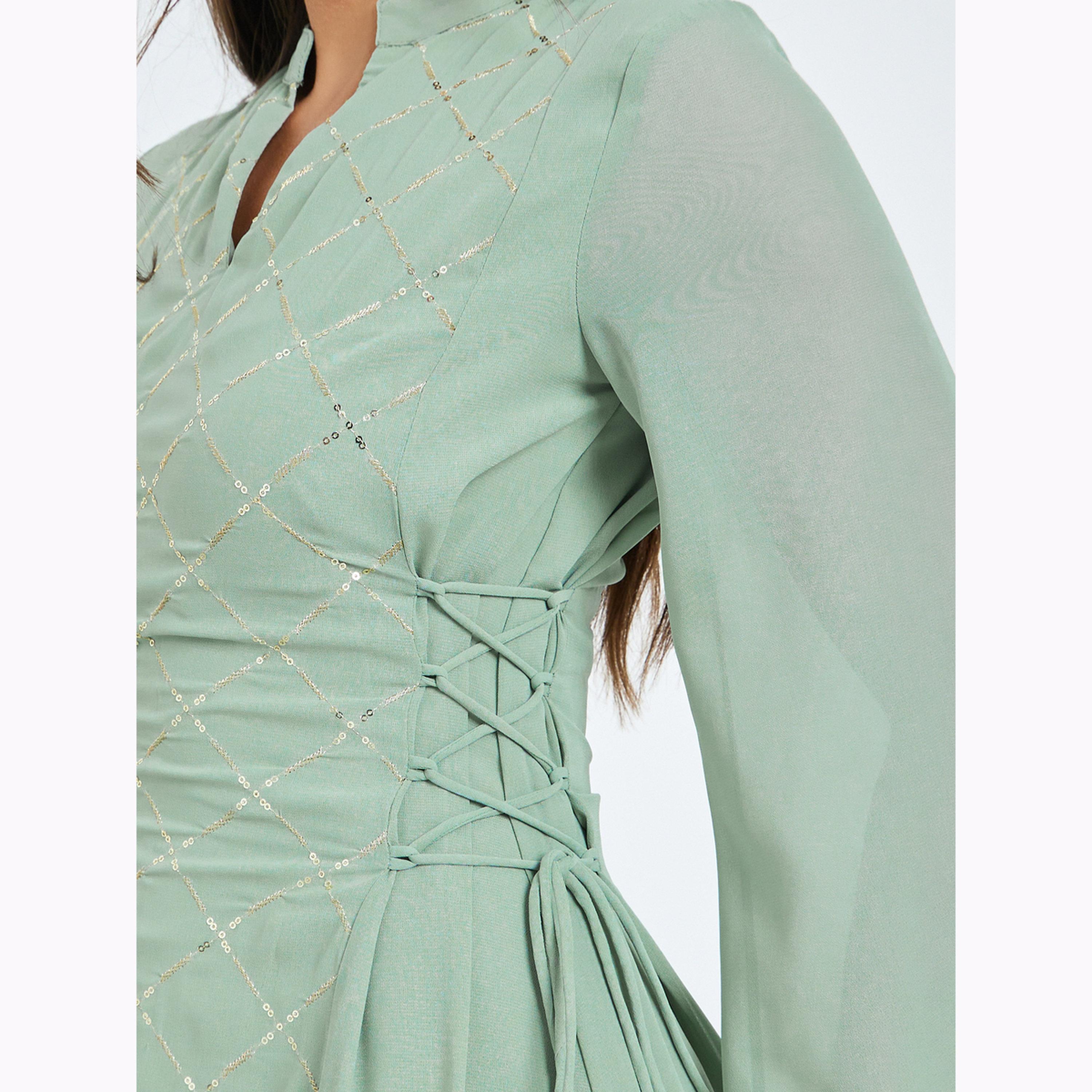Styli Green Sequin Panel Maxi Dress with Side Tie-Up-women-clothing-dresses-image-5