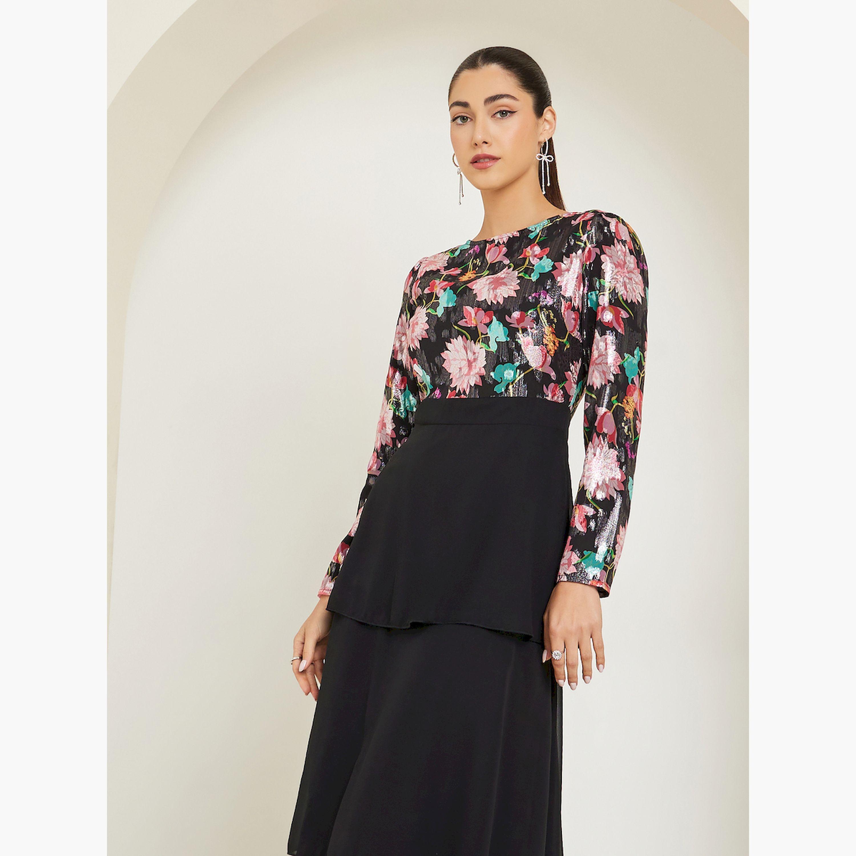 فستان طويل بطبقات وأكمام طويلة وطبعة زهور-women-clothing-dresses-image-2