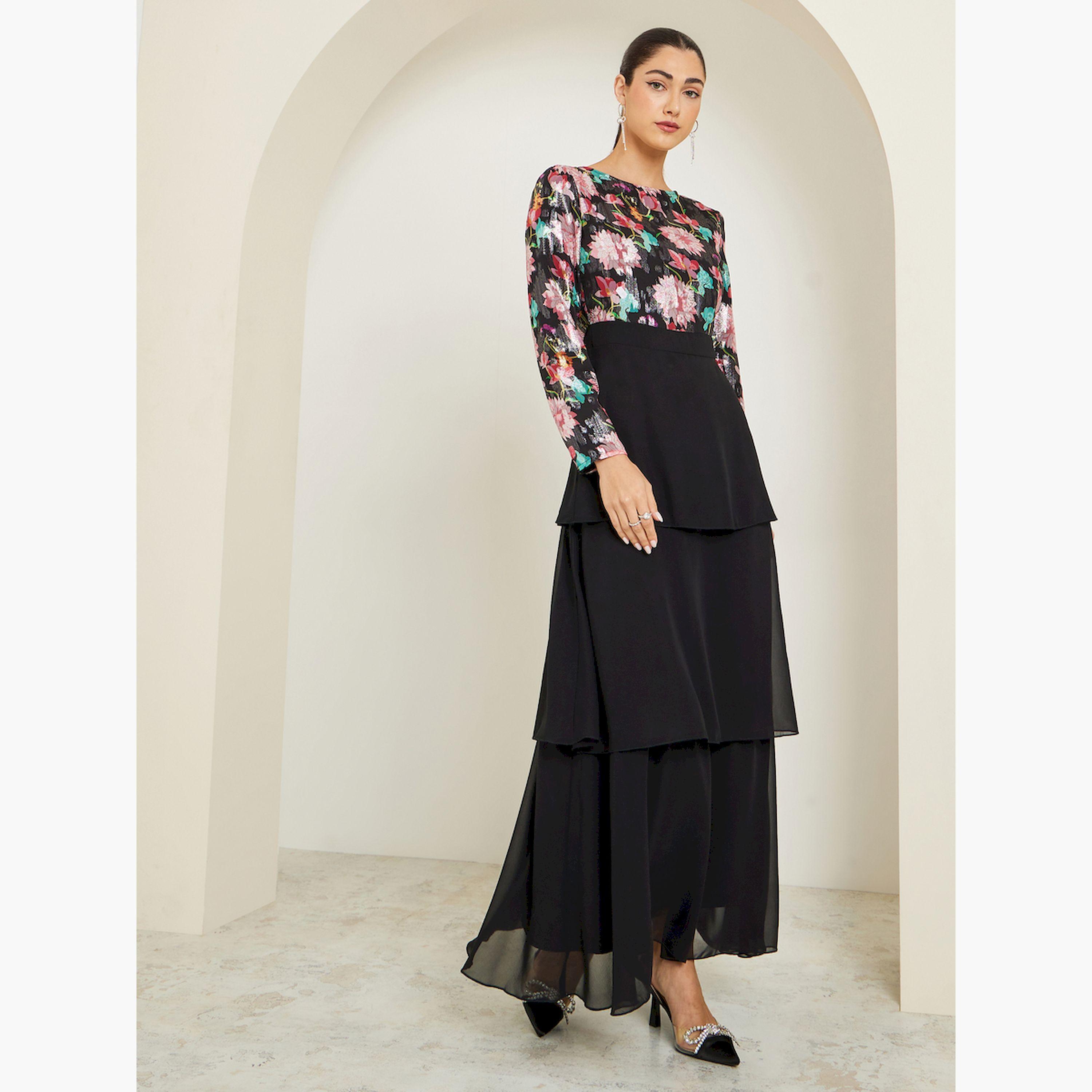 فستان طويل بطبقات وأكمام طويلة وطبعة زهور-women-clothing-dresses-image-3