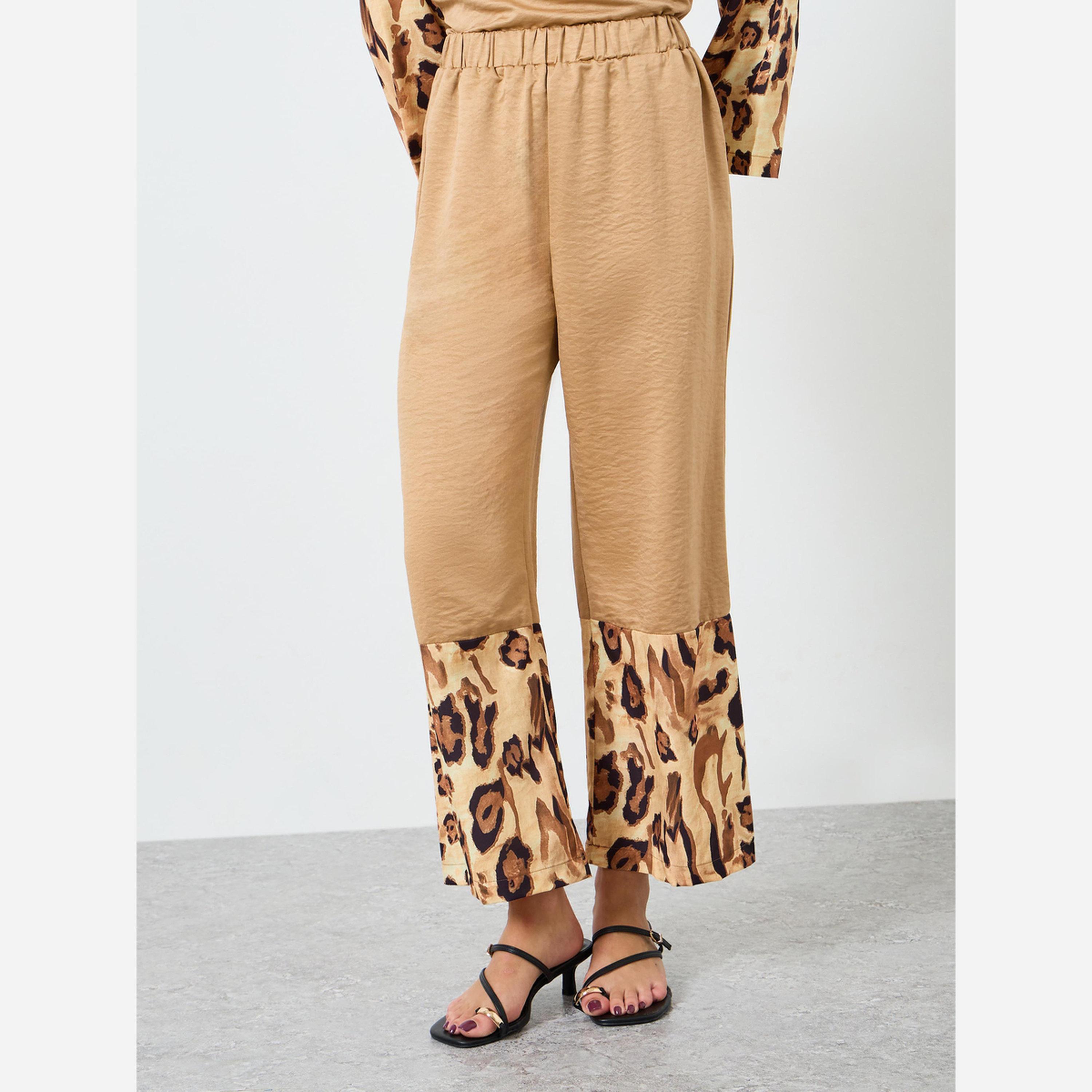 تيك تو - بلوزة نسائية أكمام طويلة ورقبة دائرية طبعة جلد النمر، وبنطال واسع الساقين-women-clothing-coordsets-image-5