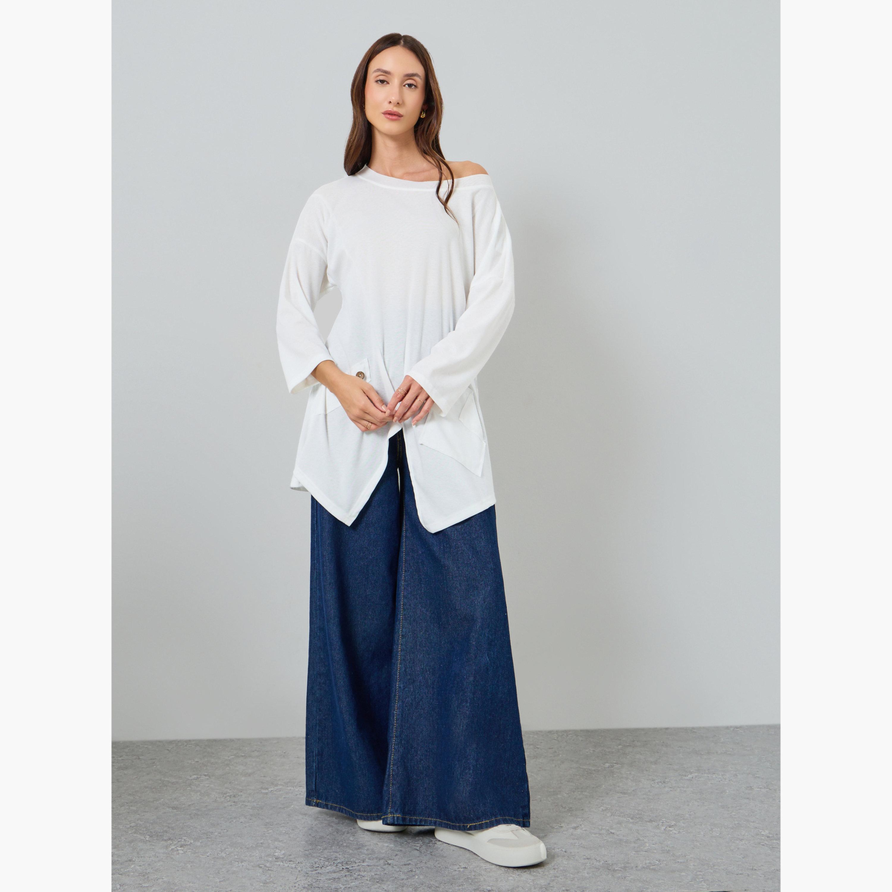 بلوزة بأكمام طويلة وحافة غير متماثلة-women-clothing-tshirts-image-2