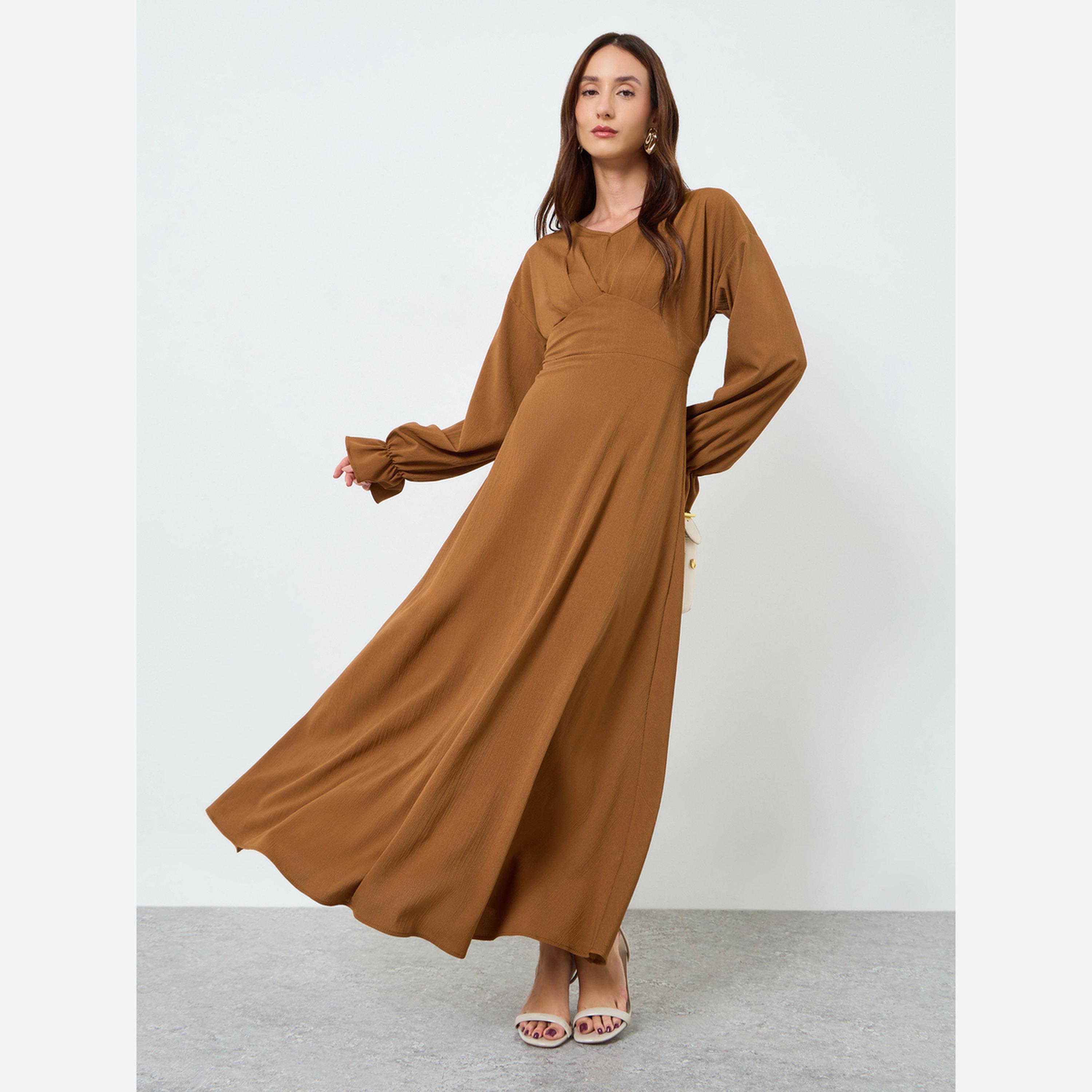 تيك تو - فستان متوسط الطول نسائي سادة ياقة شكل سبعة وخصر ضيق-women-clothing-dresses-image-1