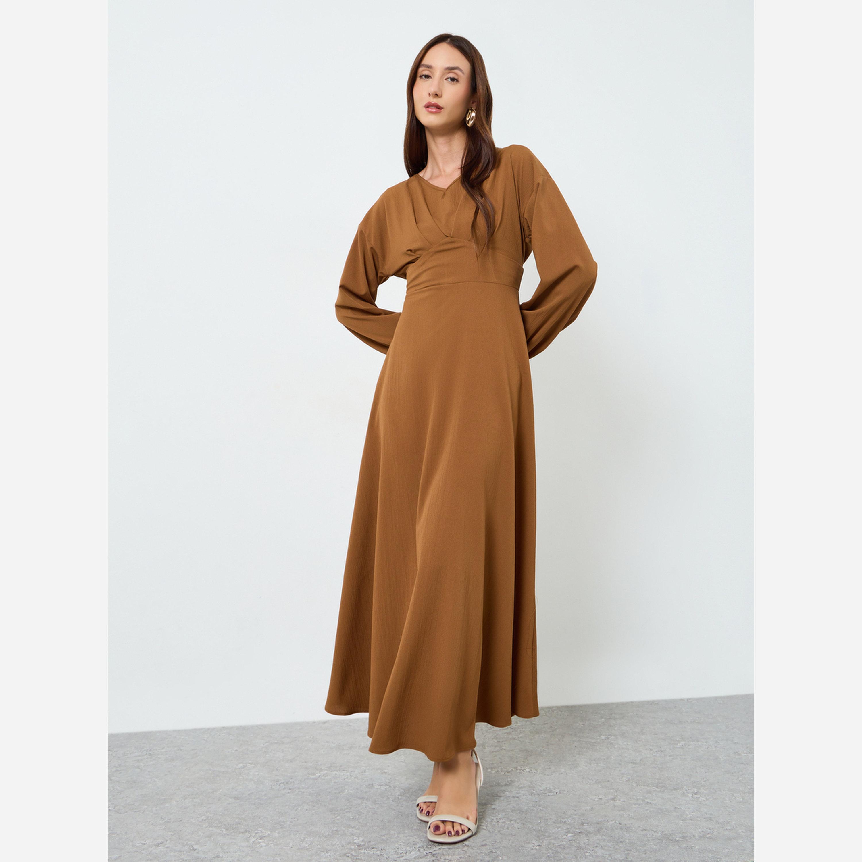 تيك تو - فستان متوسط الطول نسائي سادة ياقة شكل سبعة وخصر ضيق-women-clothing-dresses-image-3