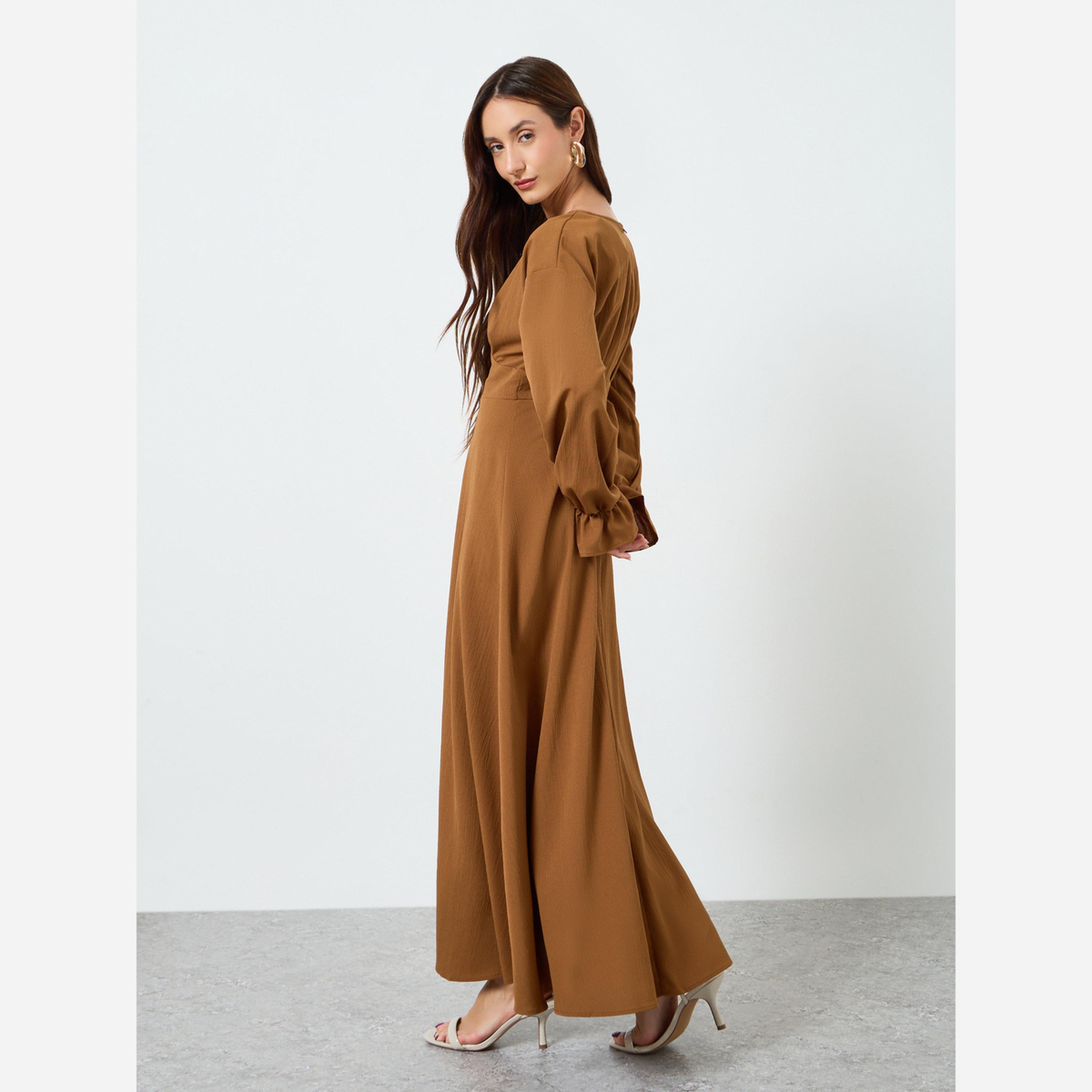 تيك تو - فستان متوسط الطول نسائي سادة ياقة شكل سبعة وخصر ضيق-women-clothing-dresses-image-5