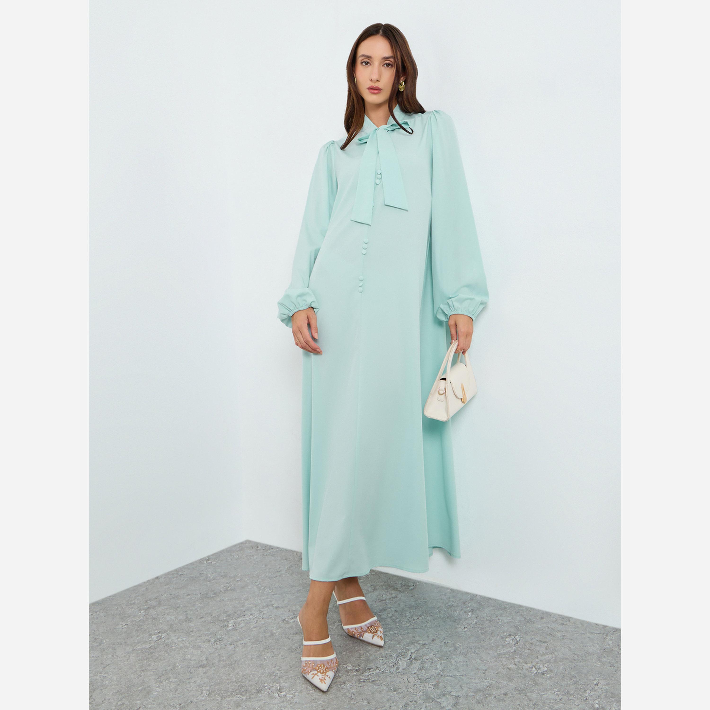 تيك تو - فستان متوسط الطول نسائي رباط عند الرقبة وأكمام واسعة-women-clothing-dresses-image-1