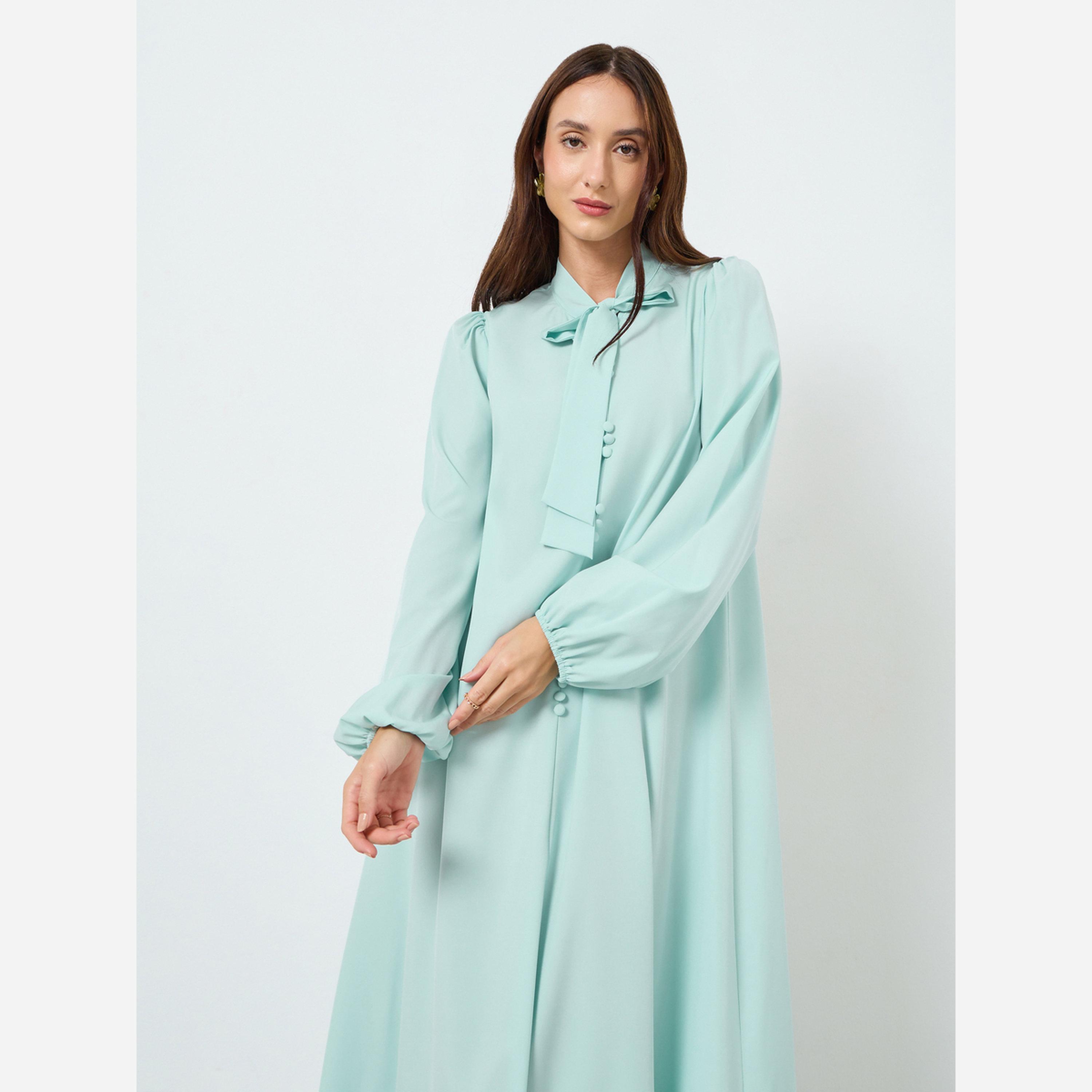 تيك تو - فستان متوسط الطول نسائي رباط عند الرقبة وأكمام واسعة-women-clothing-dresses-image-2