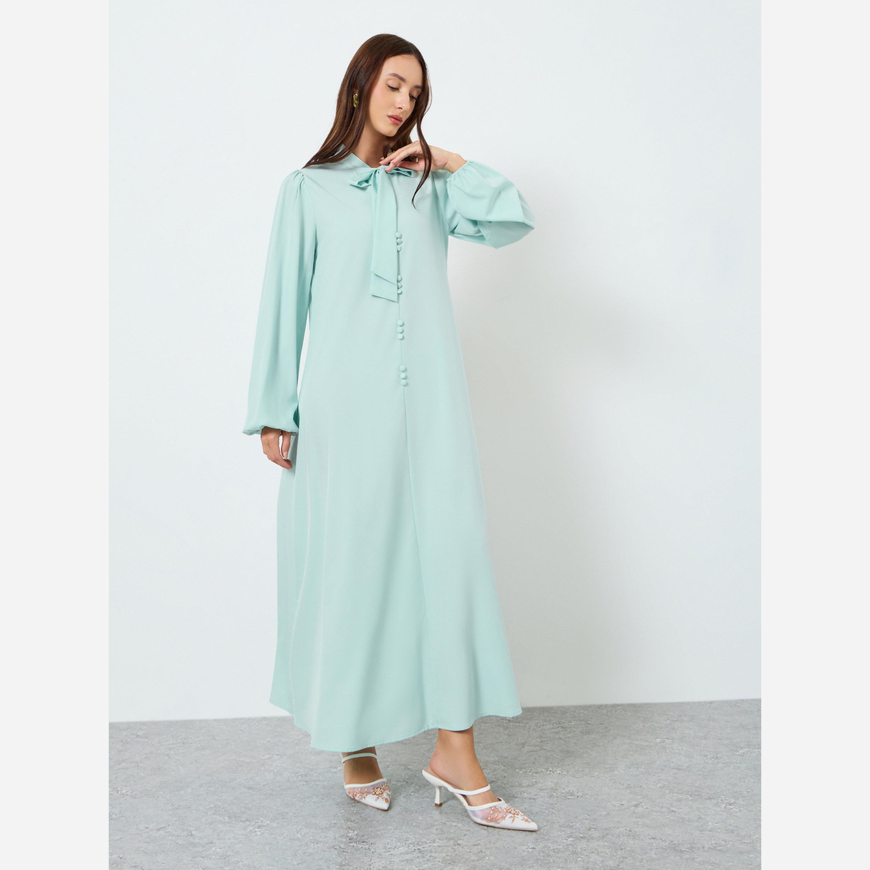 تيك تو - فستان متوسط الطول نسائي رباط عند الرقبة وأكمام واسعة-women-clothing-dresses-image-3