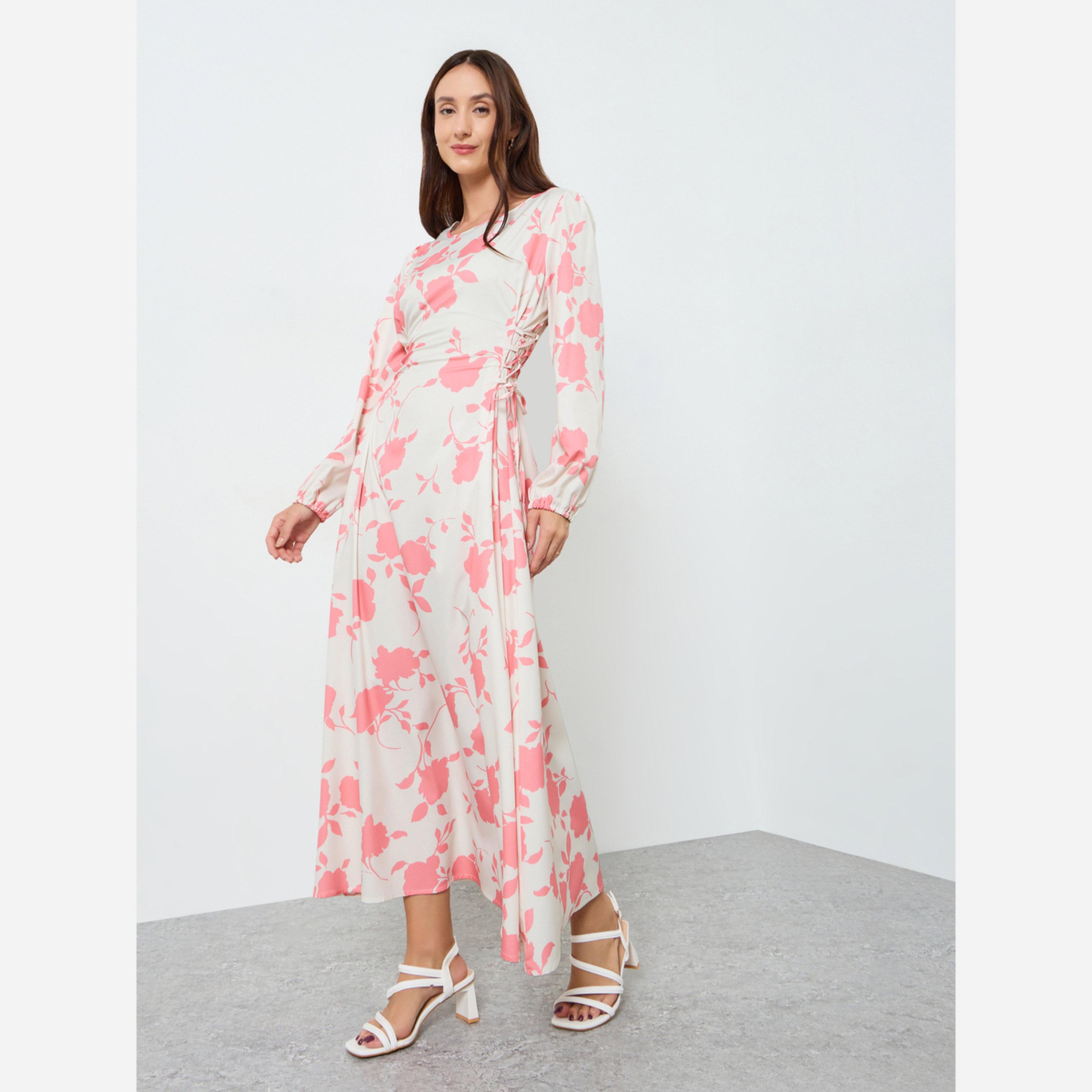 Take Two Women's Floral Allover Printed Round Neck Long Sleeve with Elastic Cuff Detail Maxi Dress-women-clothing-dresses-image-1