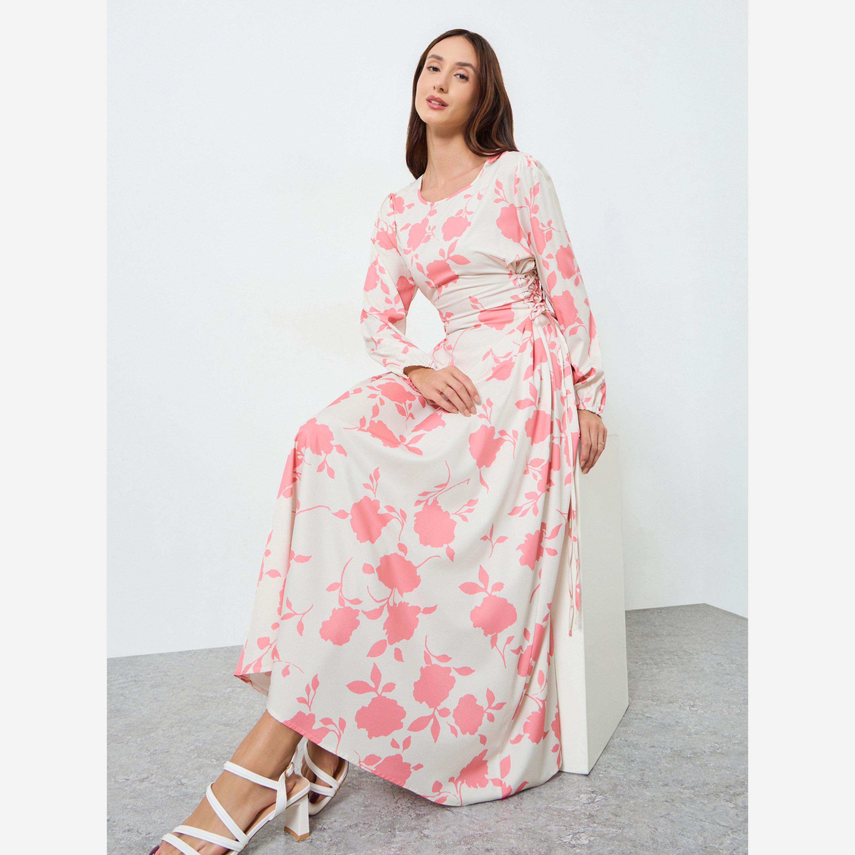 Take Two Women's Floral Allover Printed Round Neck Long Sleeve with Elastic Cuff Detail Maxi Dress-women-clothing-dresses-image-2