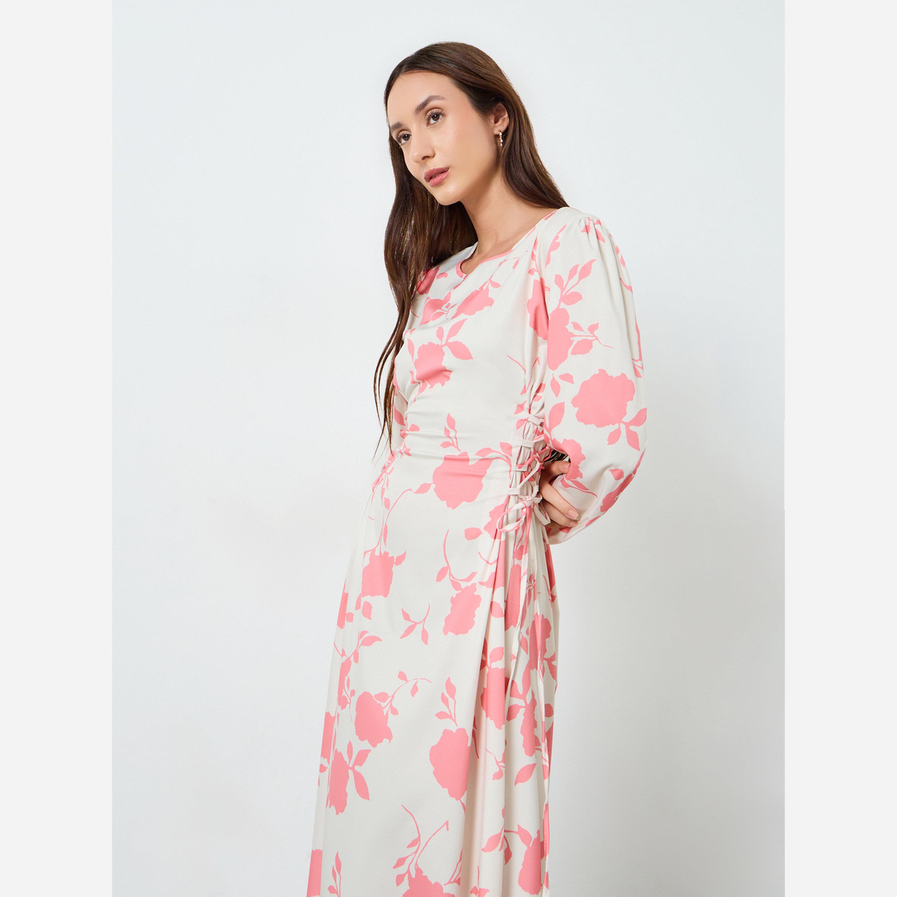 Take Two Women's Floral Allover Printed Round Neck Long Sleeve with Elastic Cuff Detail Maxi Dress-women-clothing-dresses-image-3