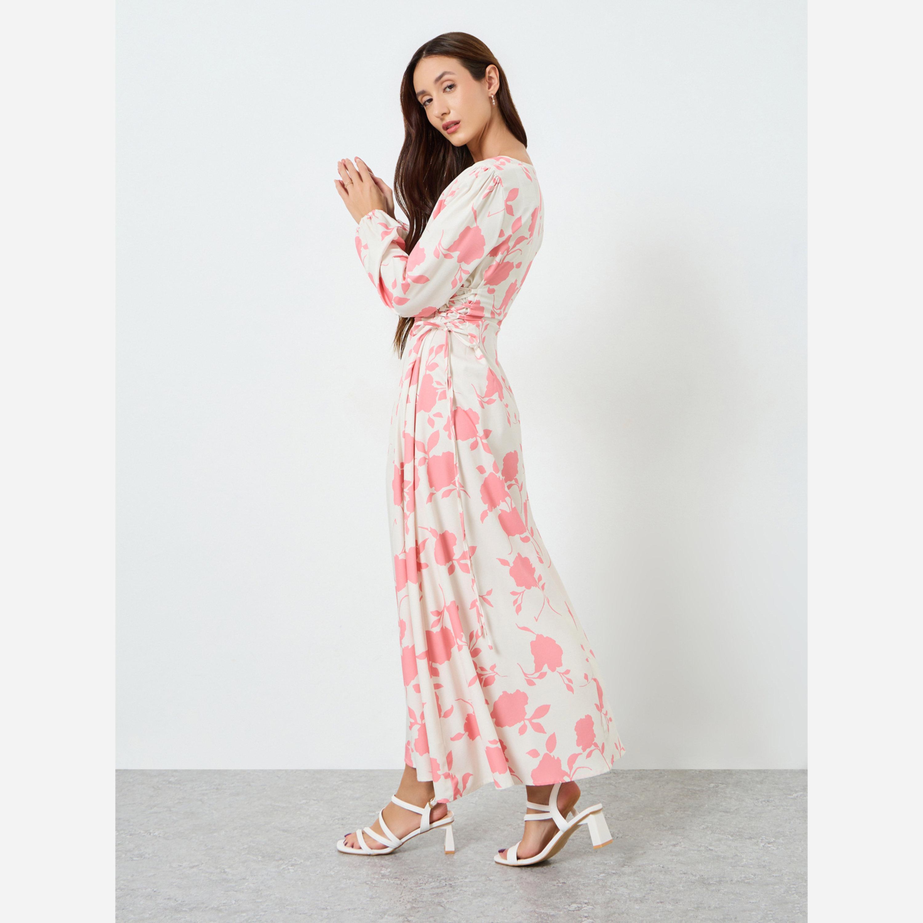 Take Two Women's Floral Allover Printed Round Neck Long Sleeve with Elastic Cuff Detail Maxi Dress-women-clothing-dresses-image-5
