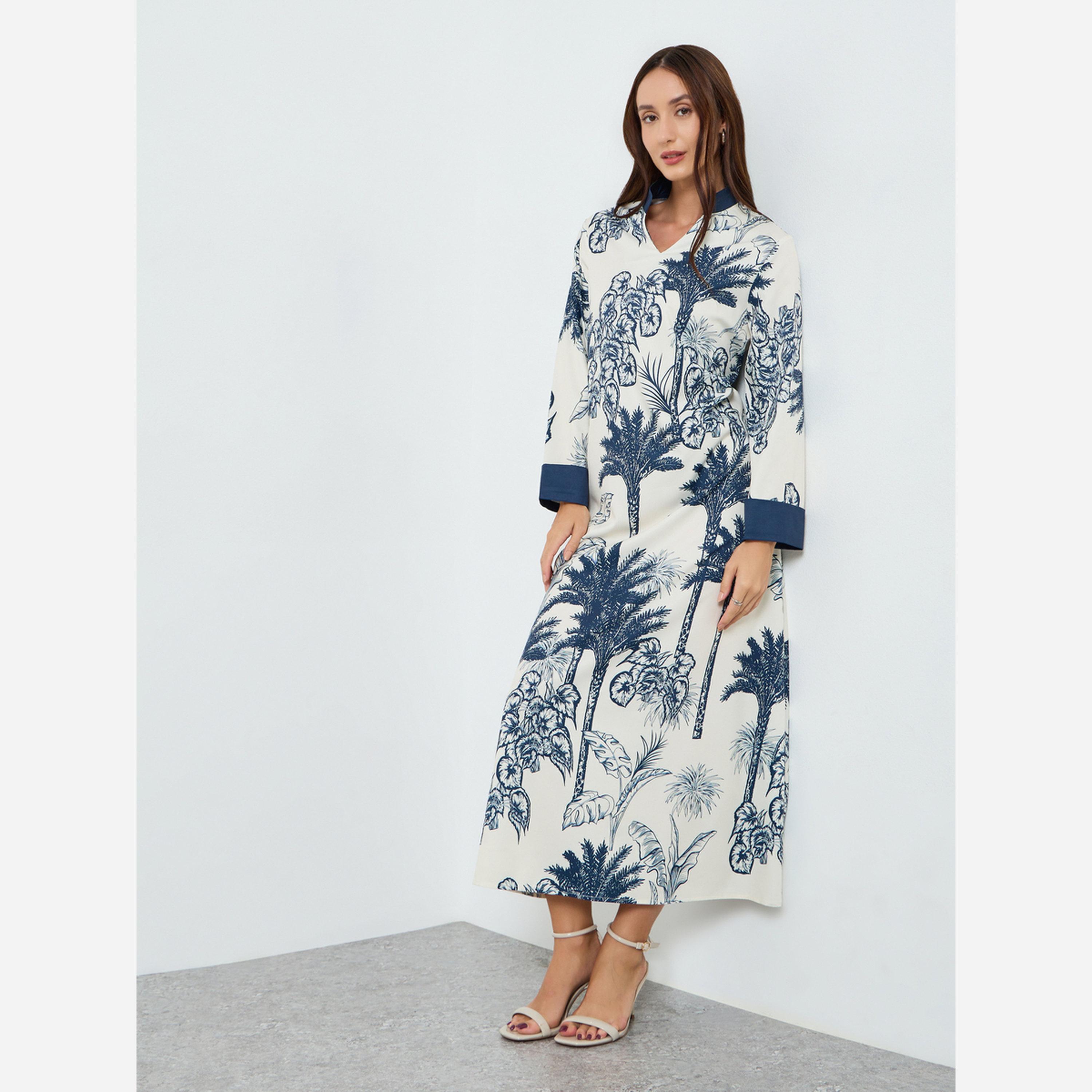 Take Two Women's Plant Allover Printed V Neck Long Sleeve Maxi Dress-women-clothing-dresses-image-1