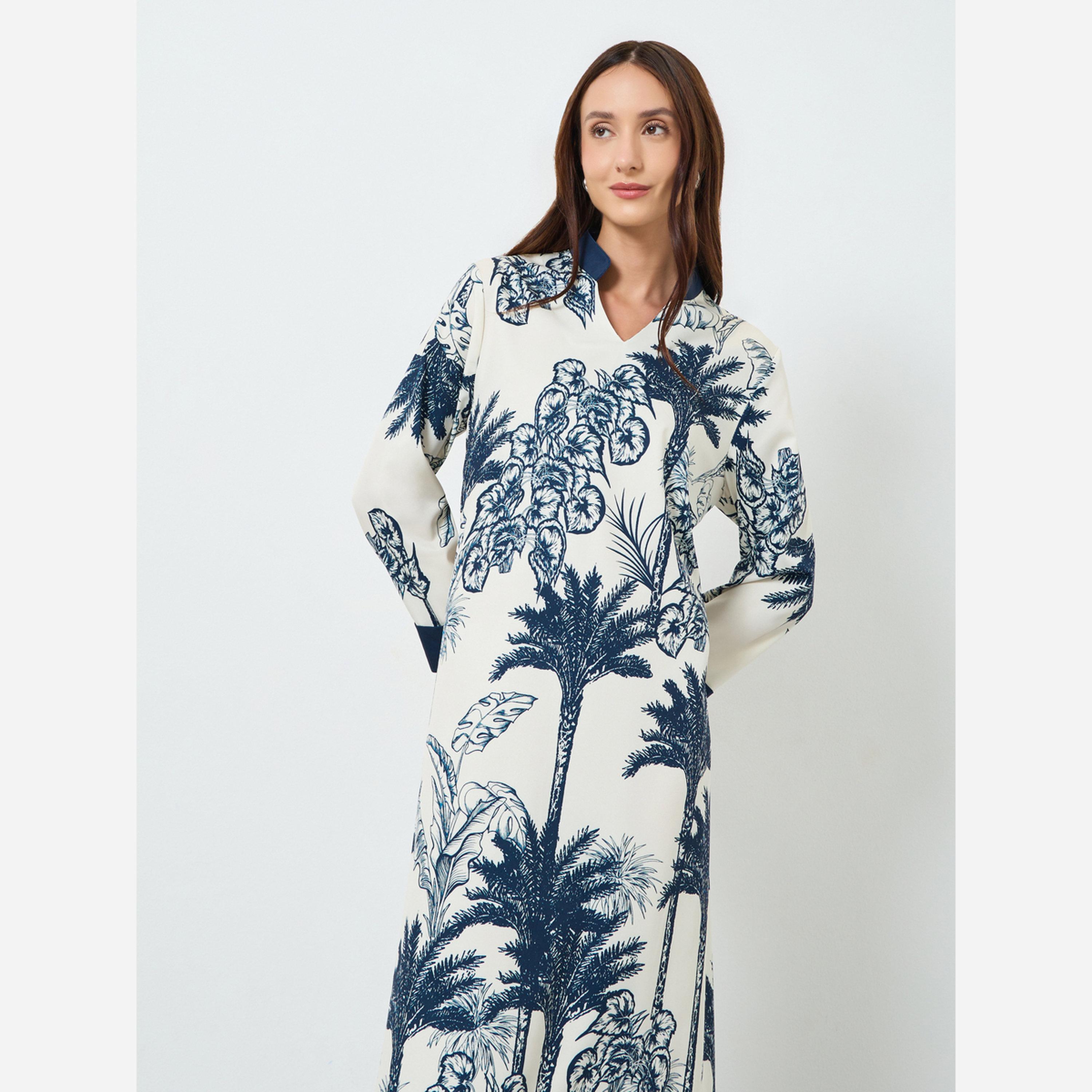 Take Two Women's Plant Allover Printed V Neck Long Sleeve Maxi Dress-women-clothing-dresses-image-2